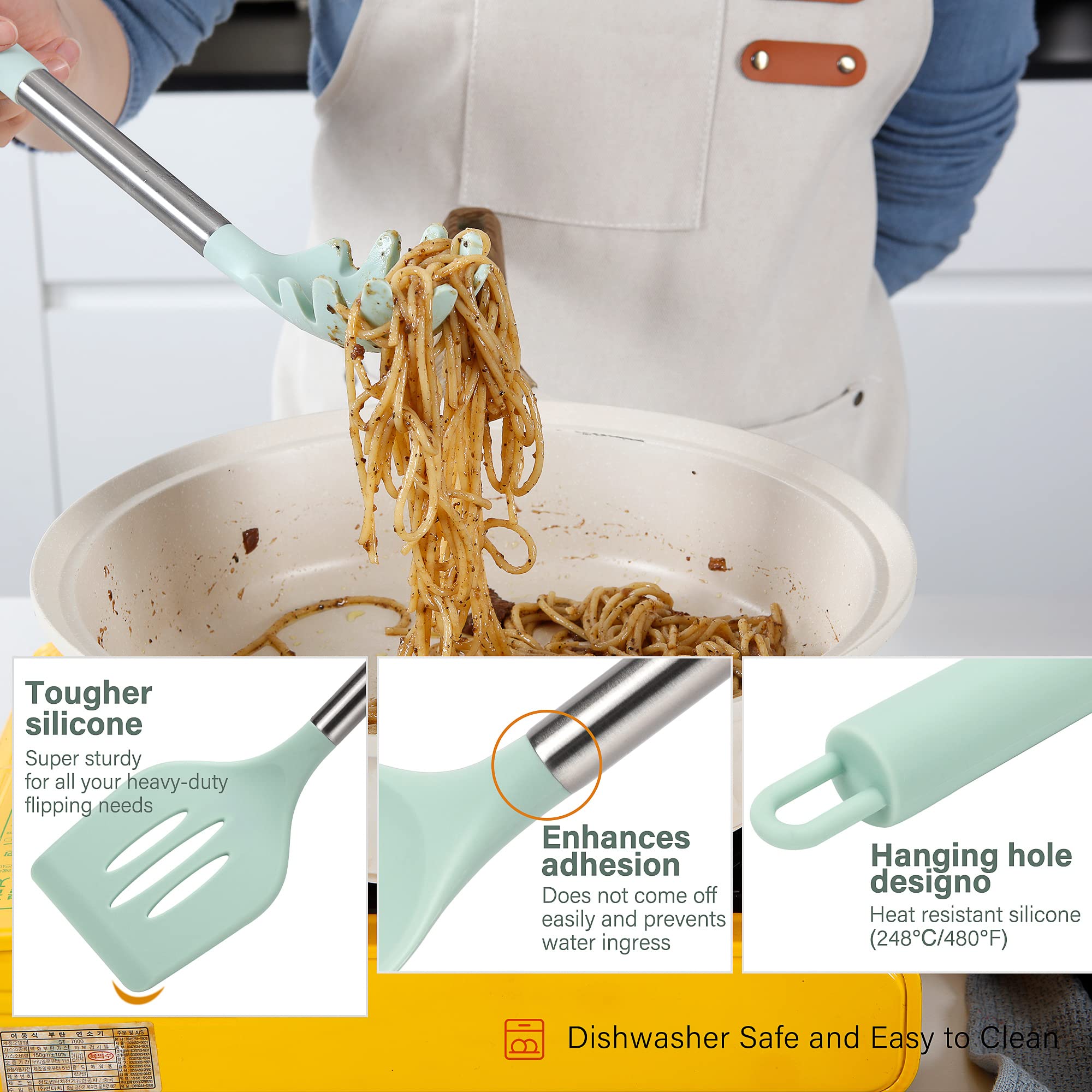 QMVESS 28 Pcs Silicone Cooking Utensils Set, Heat Resistant, Light Green, Stainless Steel Handles, Medium Size, Model QMB001