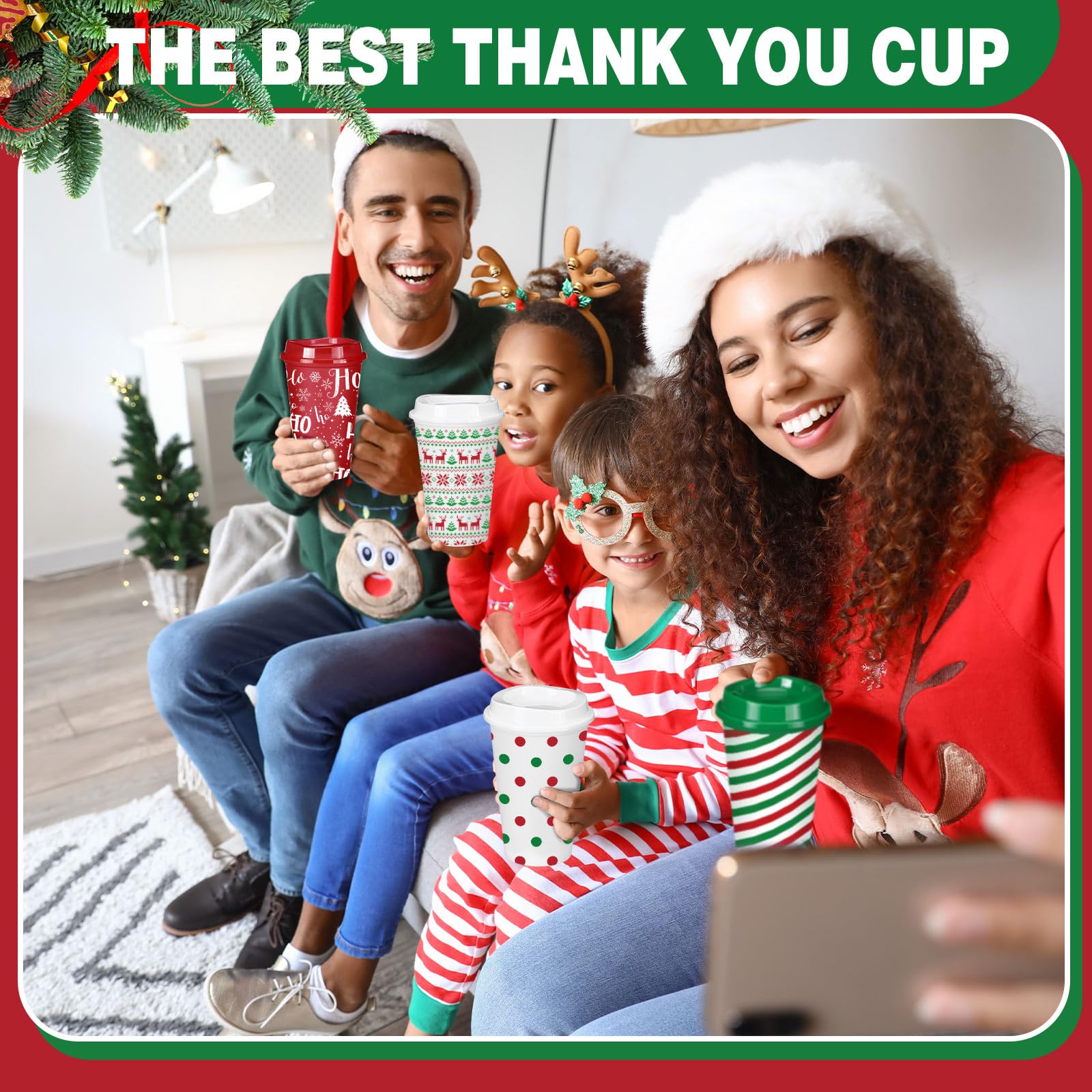 Pickmesh 24 Pcs Christmas Coffee Cups Gifts Bulk 16 oz Reusable Christmas Tree Snowflake Elk Pattern Tumblers with Lid Plastic T