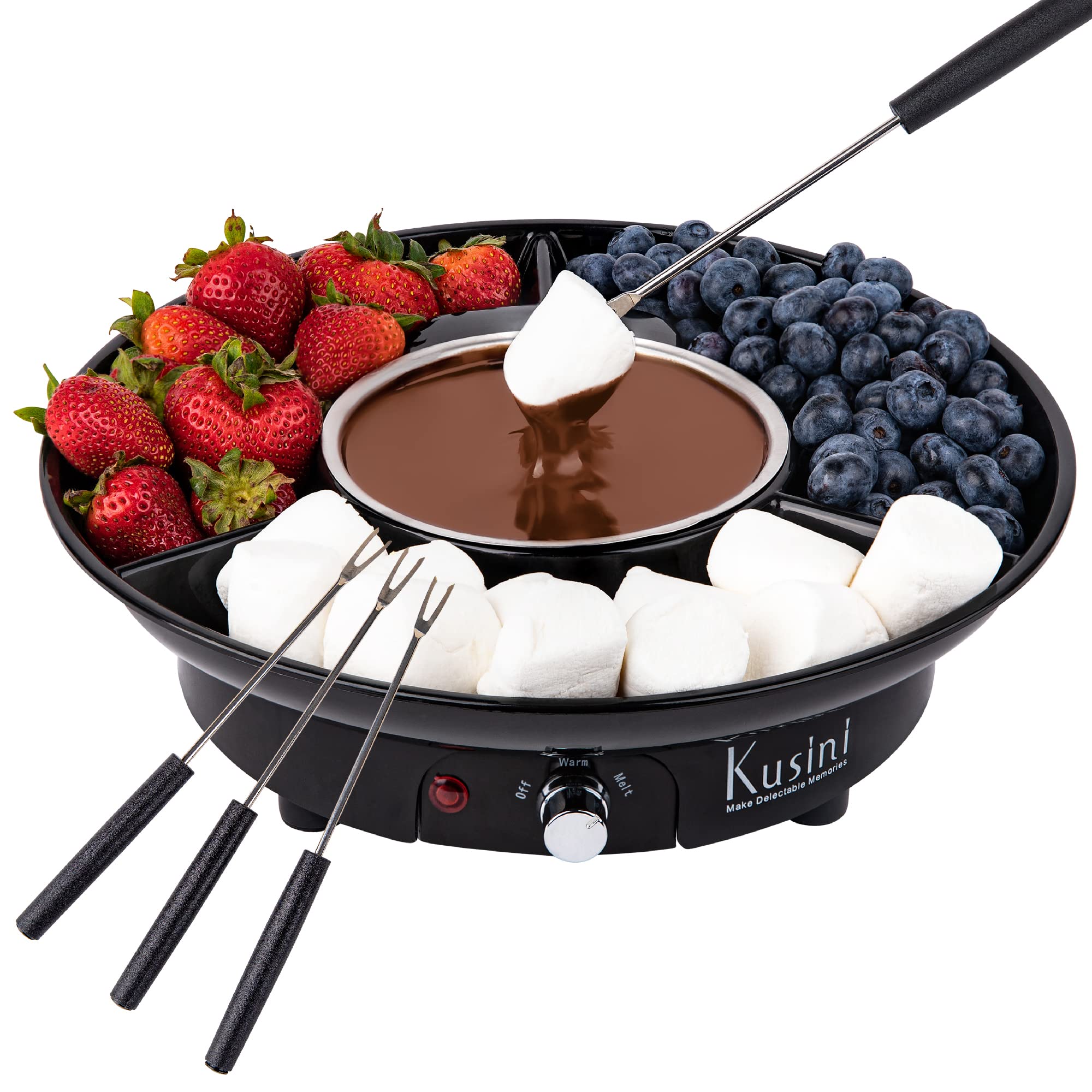Kusini Electric Fondue Pot Set - Chocolate Fondue Kit - Temperature Control, Detachable Serving Trays, & 4 Roasting Forks - Gift