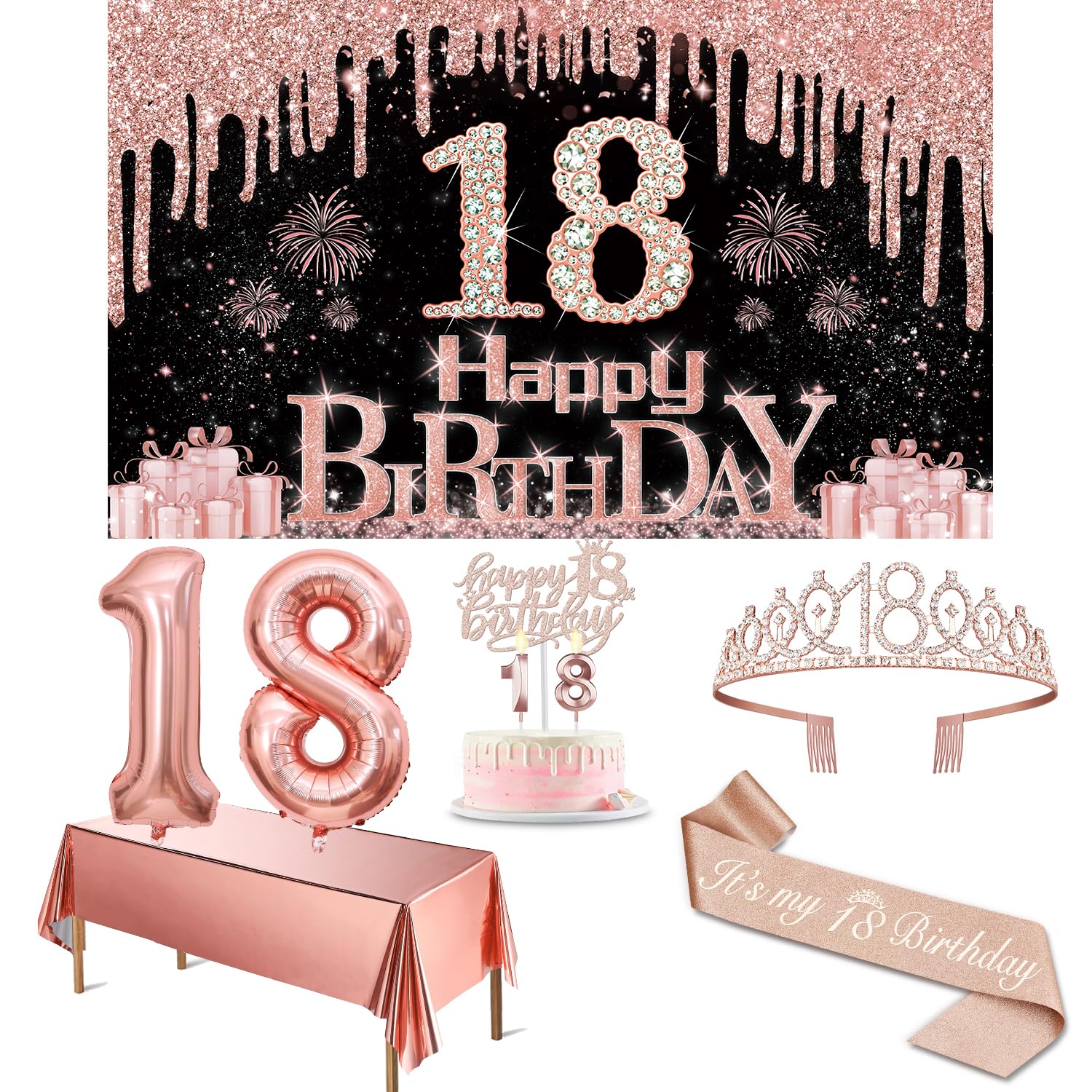 18Th Birthday Decorations For Girls With Banner, Rose Gold Tablecloth, Number Balloons, 18Th Birthday Sash And Tiara, Cake Toppe