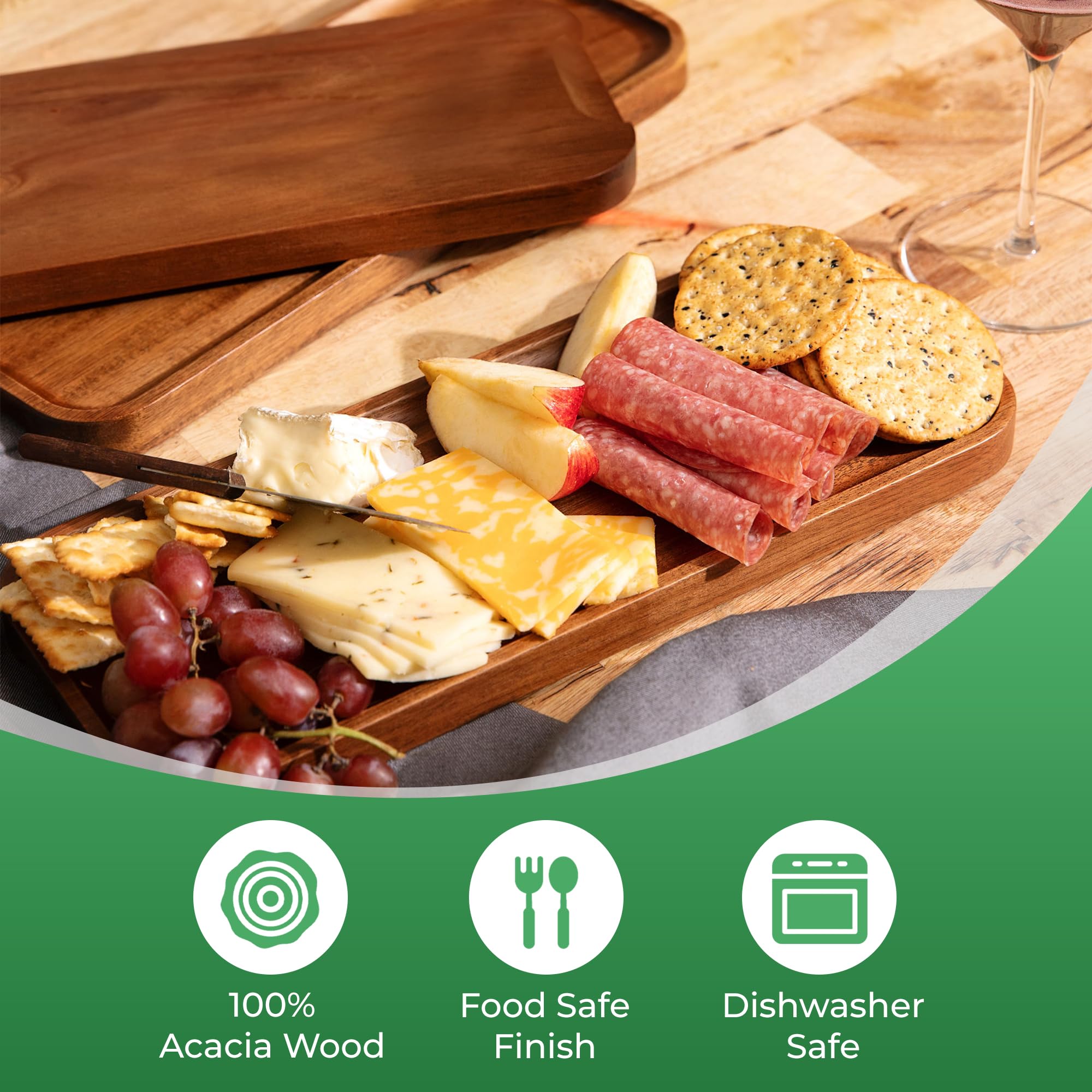 Solid Acacia Wood Serving Trays (14 X 5.5 Inches) Rectangular Wooden Large Serving Platters For Food, Wooden Tray For Charcuteri