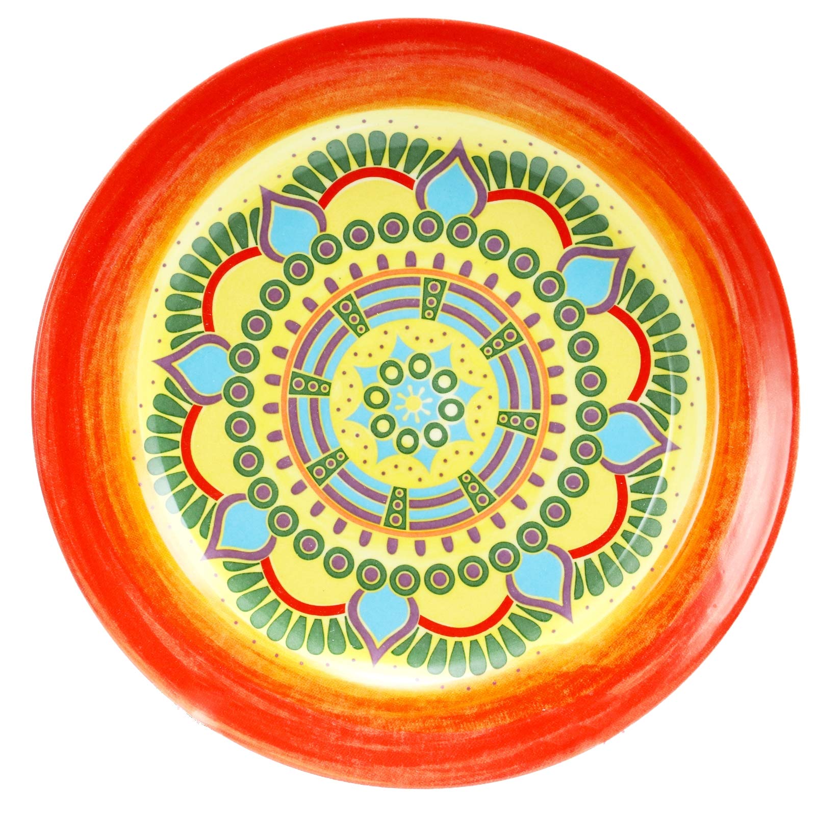 Elama Multicolored Round Stoneware Mandala Pattern Dinnerware Set, 16 Piece, Red