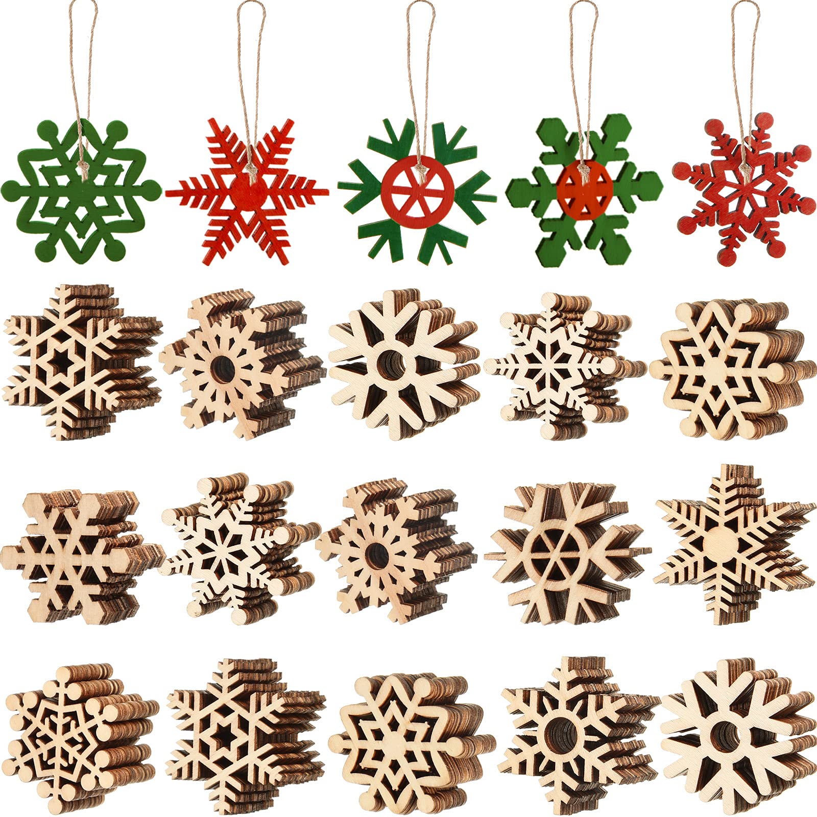 100 Pcs Christmas Unfinished Wooden Snowflake Ornaments Snowflake Hanging Cutouts Blank Wood Slices with Cord Craft Embellishmen