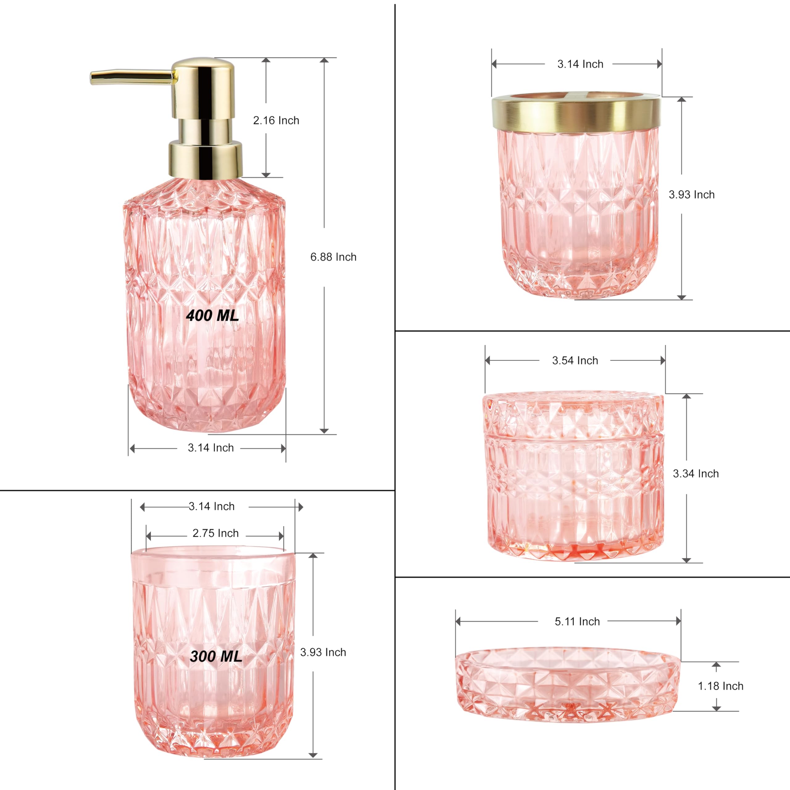 Lamarriti Pink Bathroom Accessories, 5Pcs Glass Bathroom Accessories Set, Soap Dispenser Set, Soap Dish, Tumbler, Cotton Swab Ja
