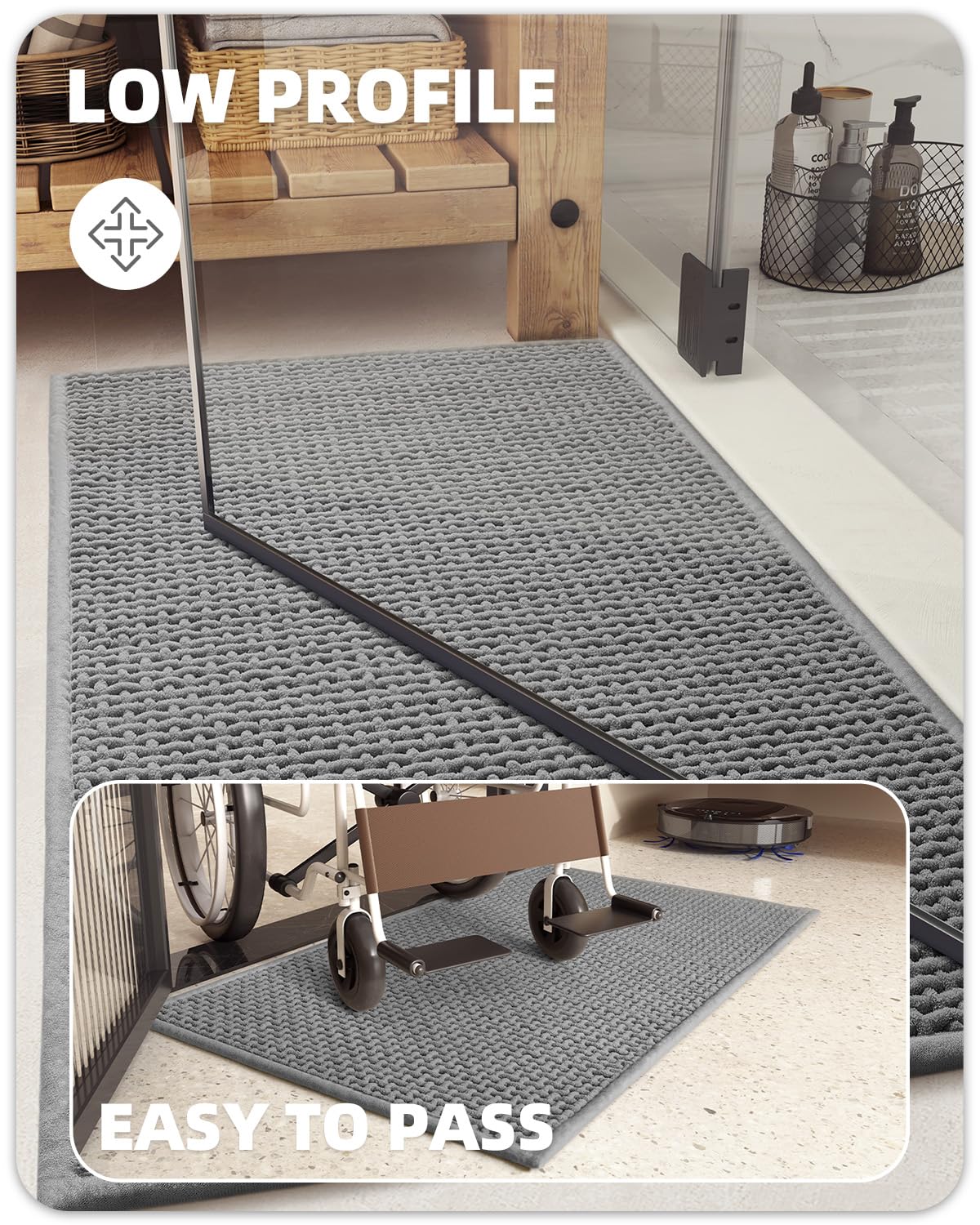 Color&Geometry Chenille Rubber Backed Gray Bathroom Rugs- Non Slip, Absorbent, Quick Dry, Washable- 16''X24'' Small Bath Mat Thi