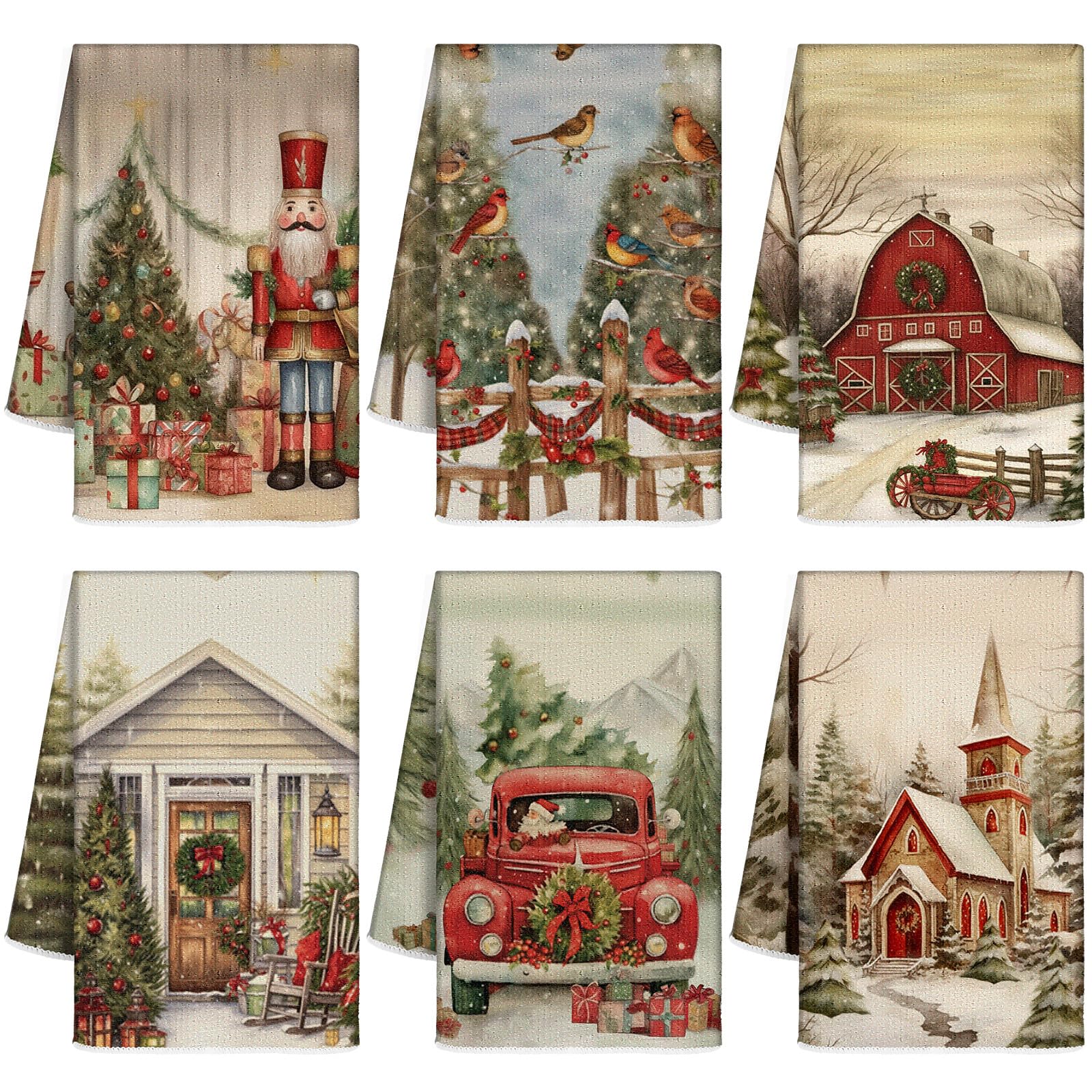 Hosuly 6 Pcs Vintage Christmas Kitchen Towels Absorbent Xmas Dish Towels Christmas Tea Towel Decorative Red Nutcracker Truck Hou