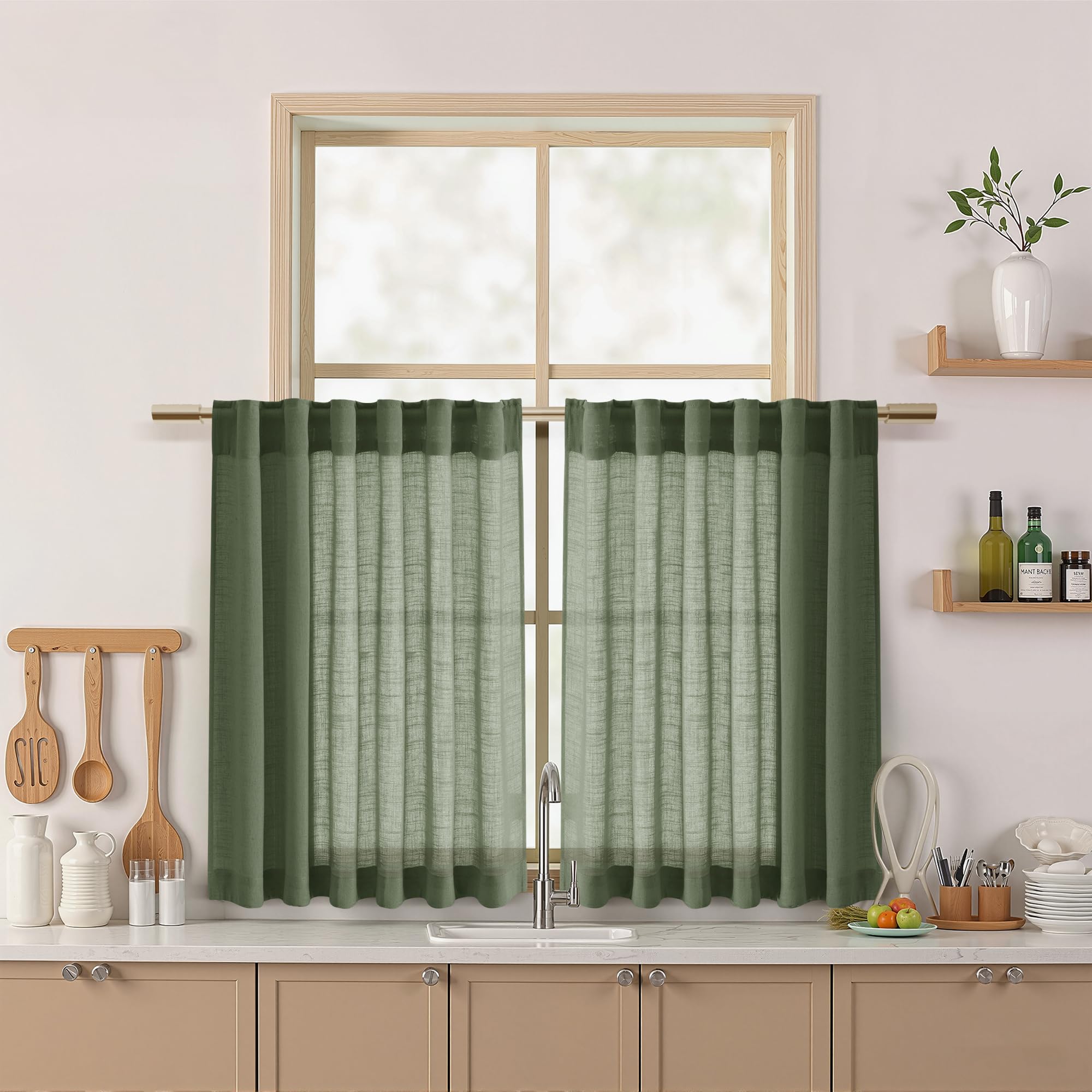 Nanspring Short Linen Curtains 36 Inch Length for Kitchen Windows Over Sink Light Filtering Semi Sheer Curtains Back Tab and Rod