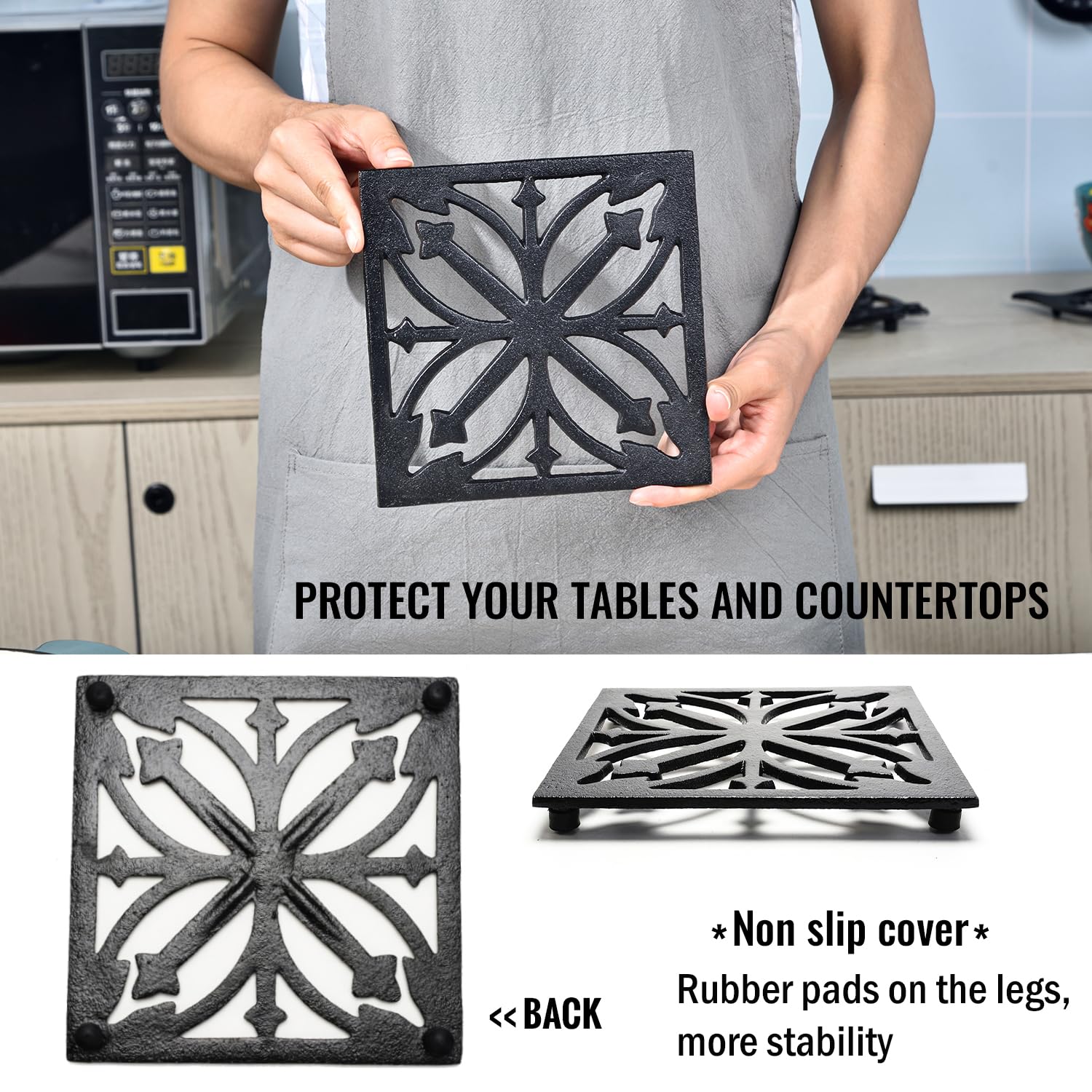 Sungmor Heavy Duty Cast Iron Square Metal Trivet,Rustproof Black Racks Stands Holders For Hot Pans Or Teapot,Kitchen Or Dinning