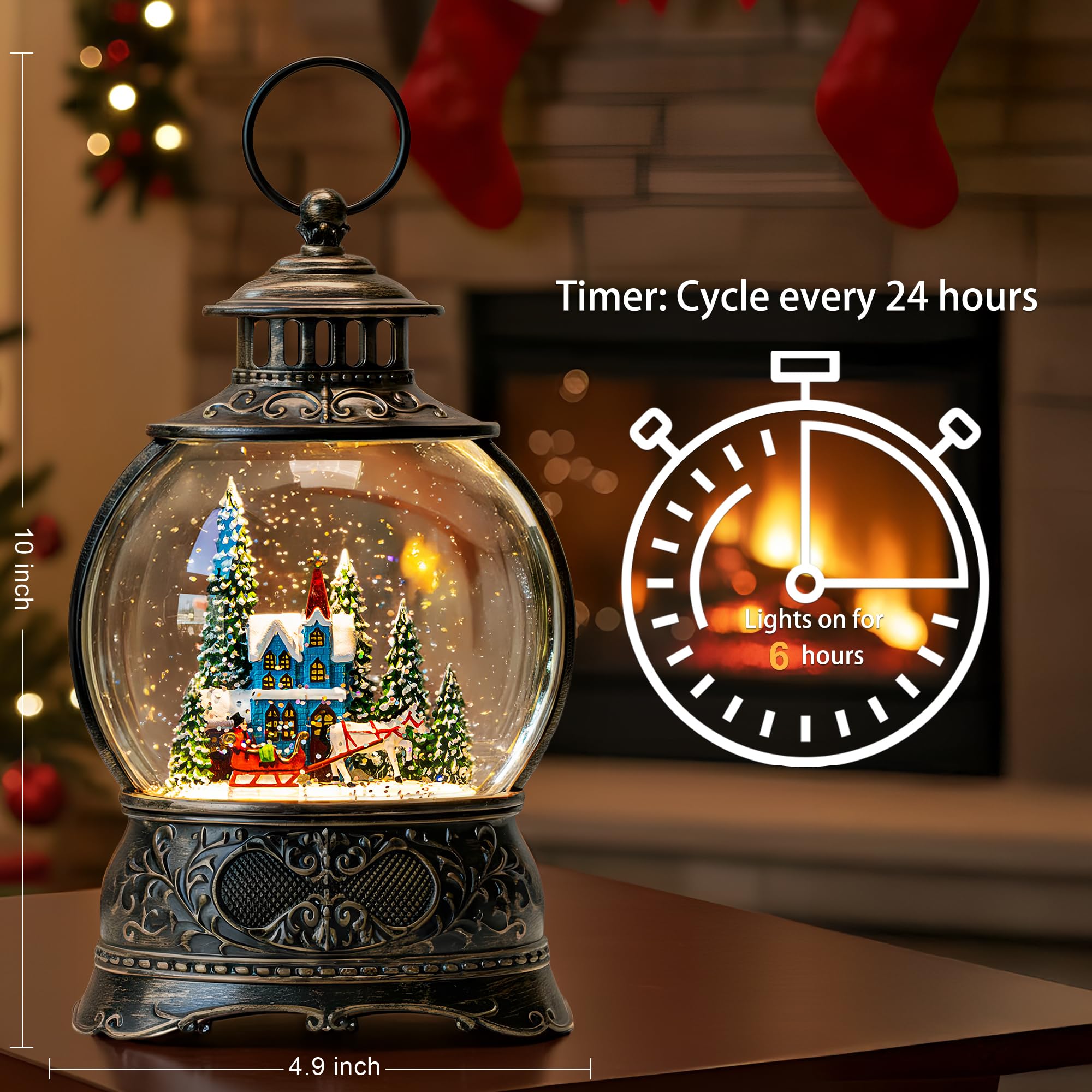 Christmas Village Snow Globe Water Lantern with Horse and Town Scene Battery Operated or USB Powered Musical Lighted Holiday Dec