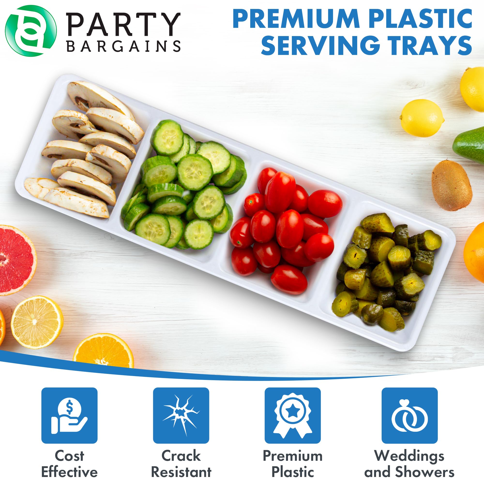 Party Bargains Disposable Sectional Rectangular Serving Tray White [4 Pack] 5 X 16 Inches. 4 Compartments Plastic Serving Tray F