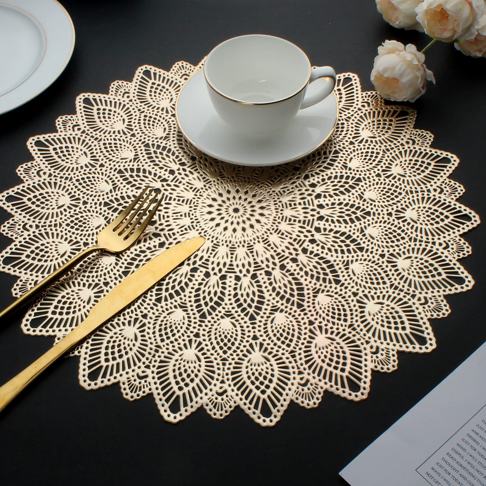 Mabbcoo Gold Round Placemats, Hollow Out Washable And Wipeable Place Mats, Pressed Vinyl Table Mats Set Of 6 For Anniversary Din