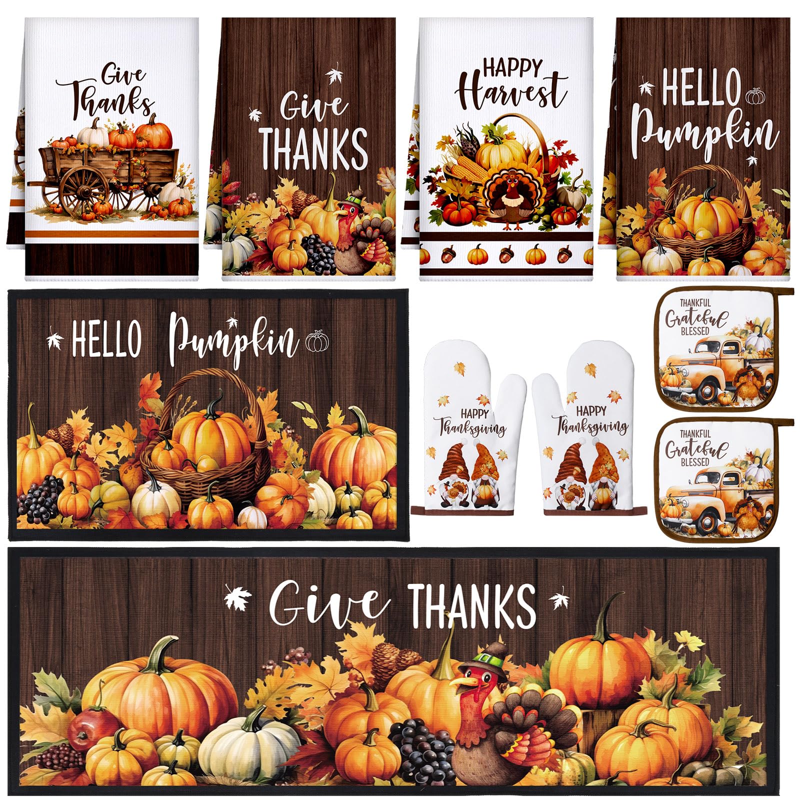 Fourluoo 10 Pcs Fall Thanksgiving Pumpkin Farmhouse Kitchen Decor Set Kitchen Dish Towels Rugs Oven Mitts and Pot Holders Set fo