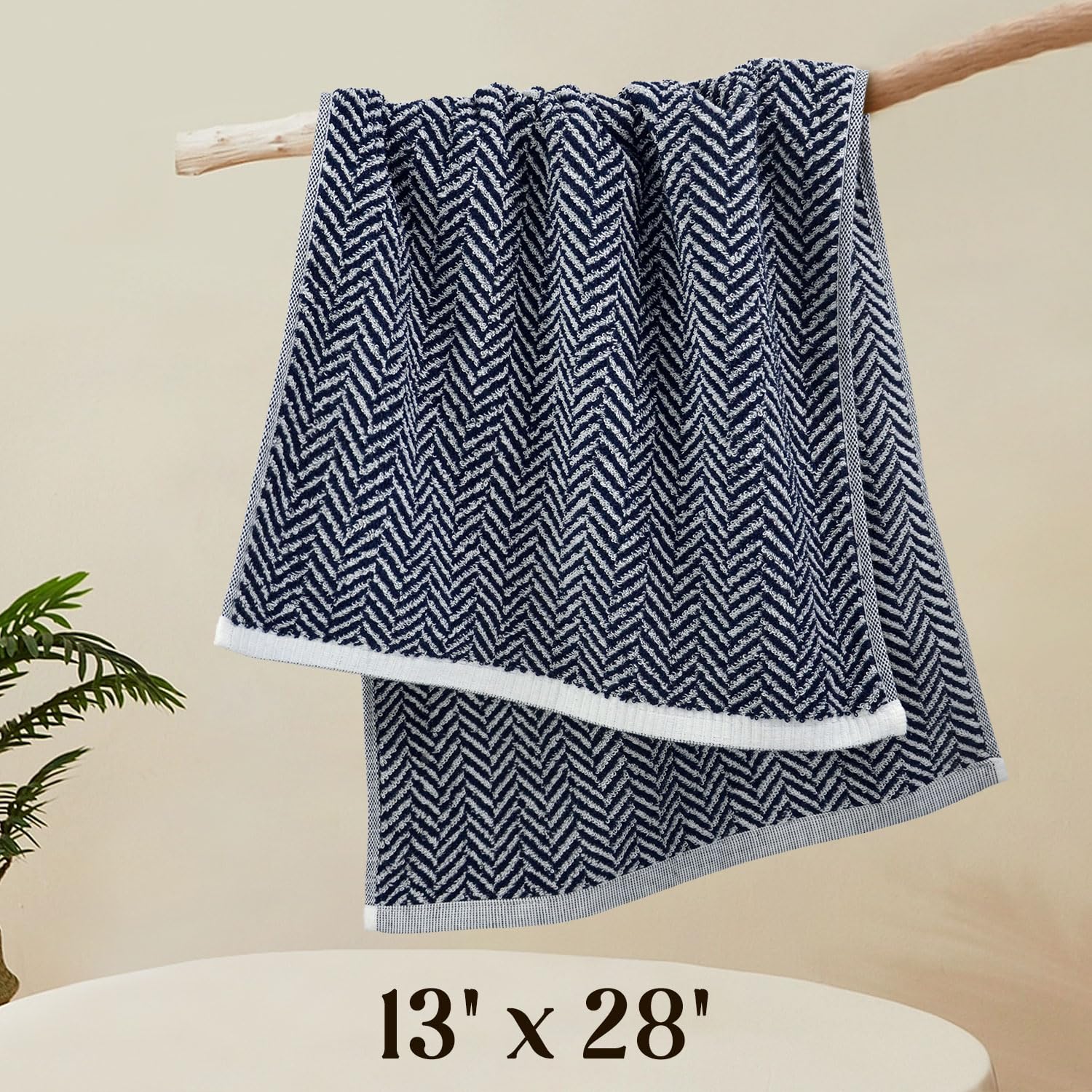 Cleanbear Hand Towels For Bathroom With Decorative Herringbone Stripes, 100% Cotton, 13 X 28 Inches, Navy-Blue And White, 2 Pack