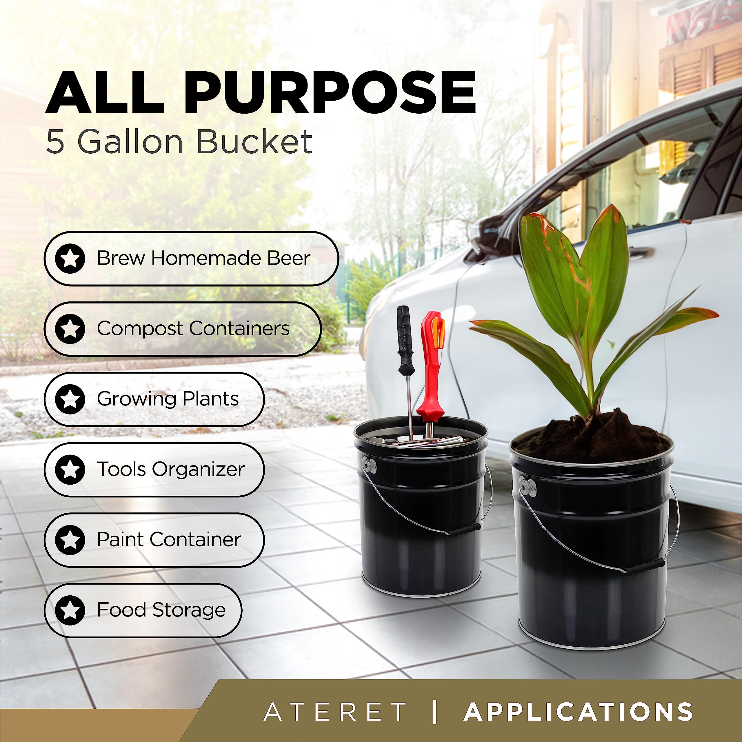 Ateret 5 Gallon Black Metal Bucket & Lid, Heavy Duty Durable Pails And Lids For Outdoor And Household Use (1 Pack)