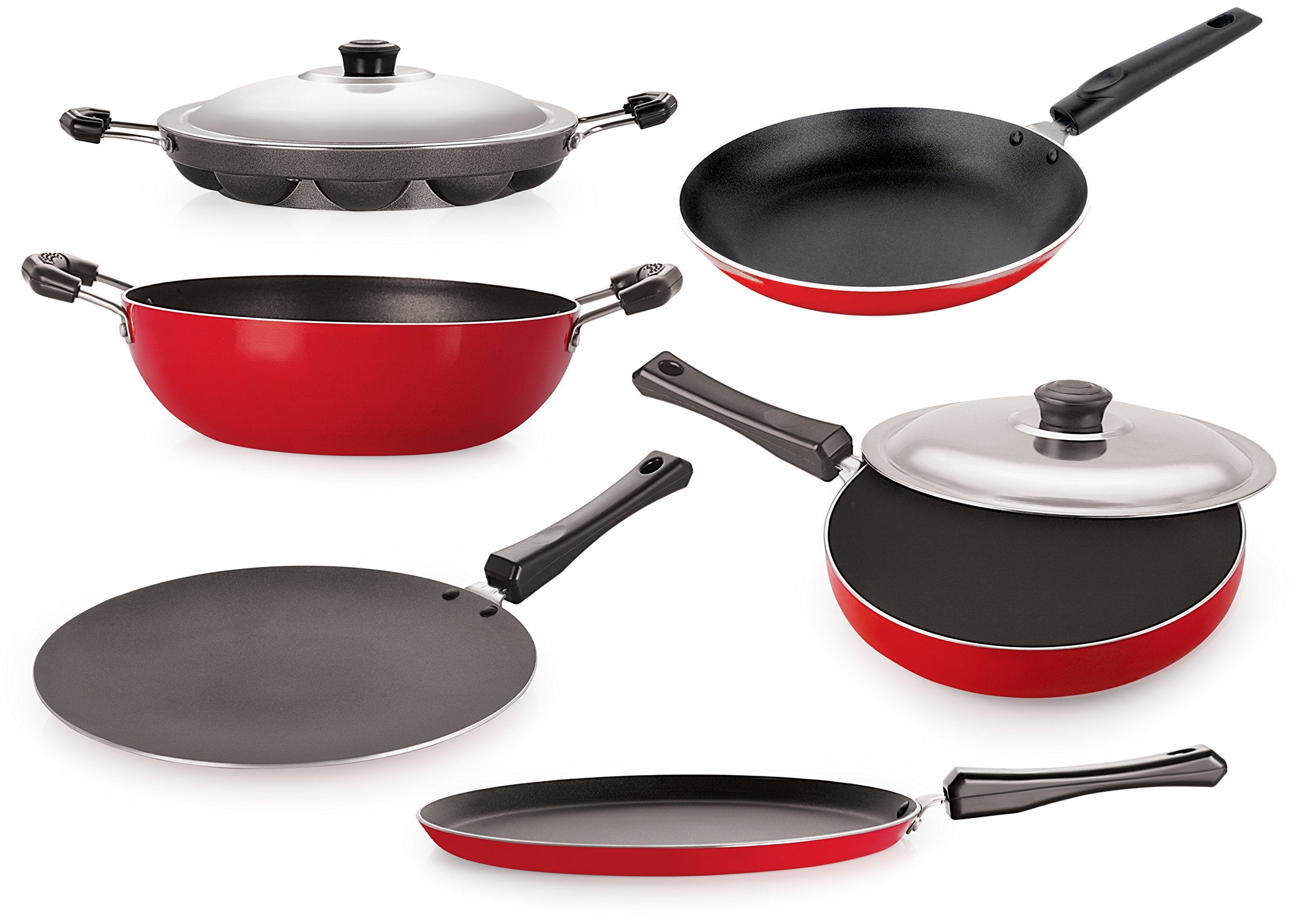 Nirlon NonStick Aluminium Cookware Set, 6Pieces, Red/Black (Ft12Ctfp12Kd12Tpap)