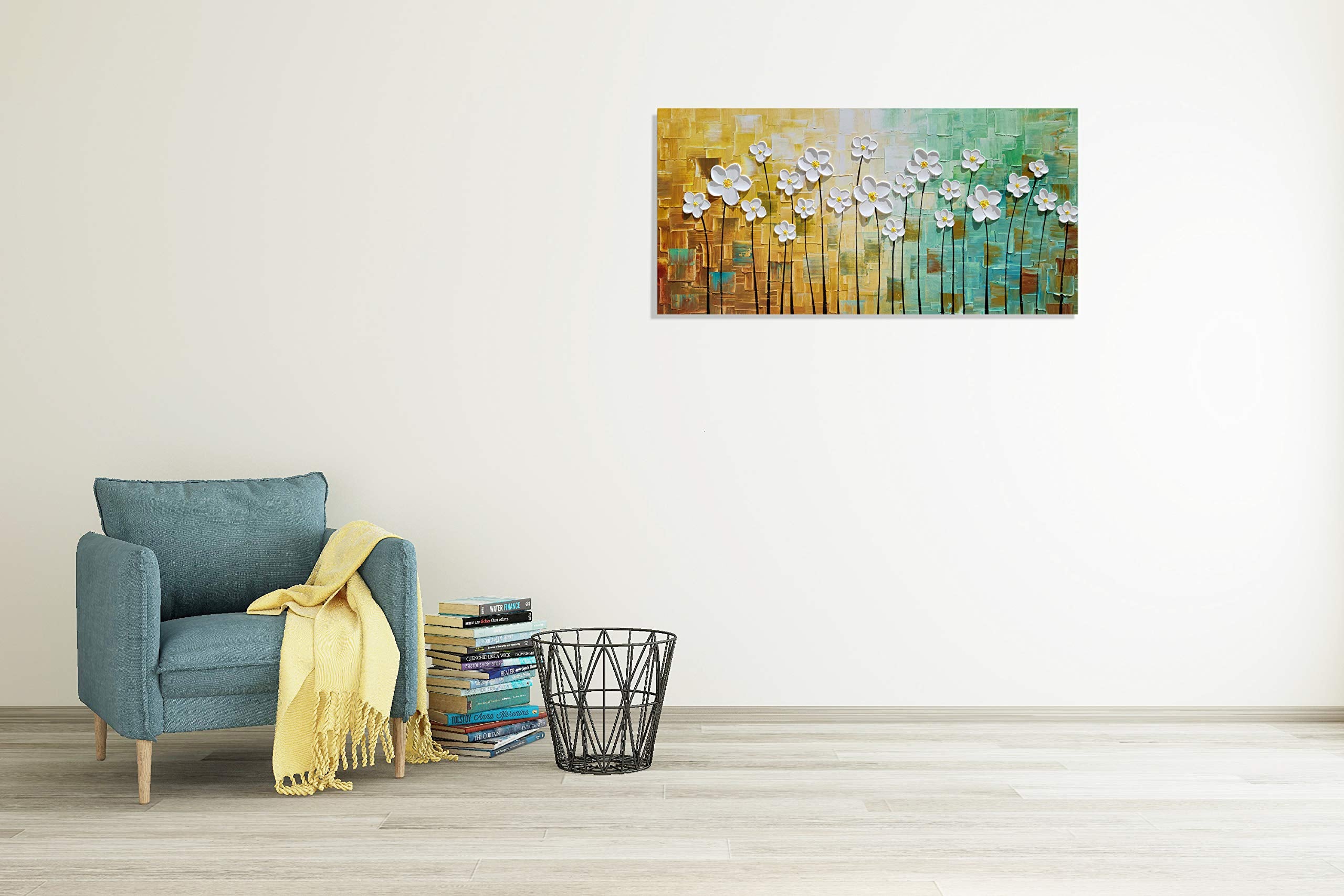 Sygallerier White Floral Canvas Wall Art Hand Painted Heavy Textured Paintings Teal And Yellow Pictures Contemporary Artwork For