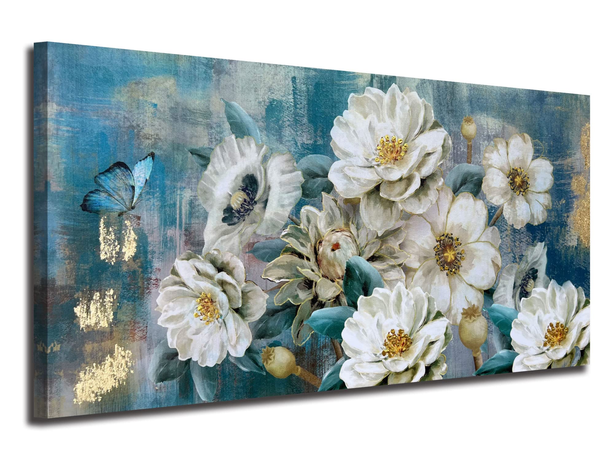 Arjun Flowers Canvas Wall Art White Elegant Modern Picture Gold Foil Rustic Painting Colorful Turquoise Floral, Extra Large Teal