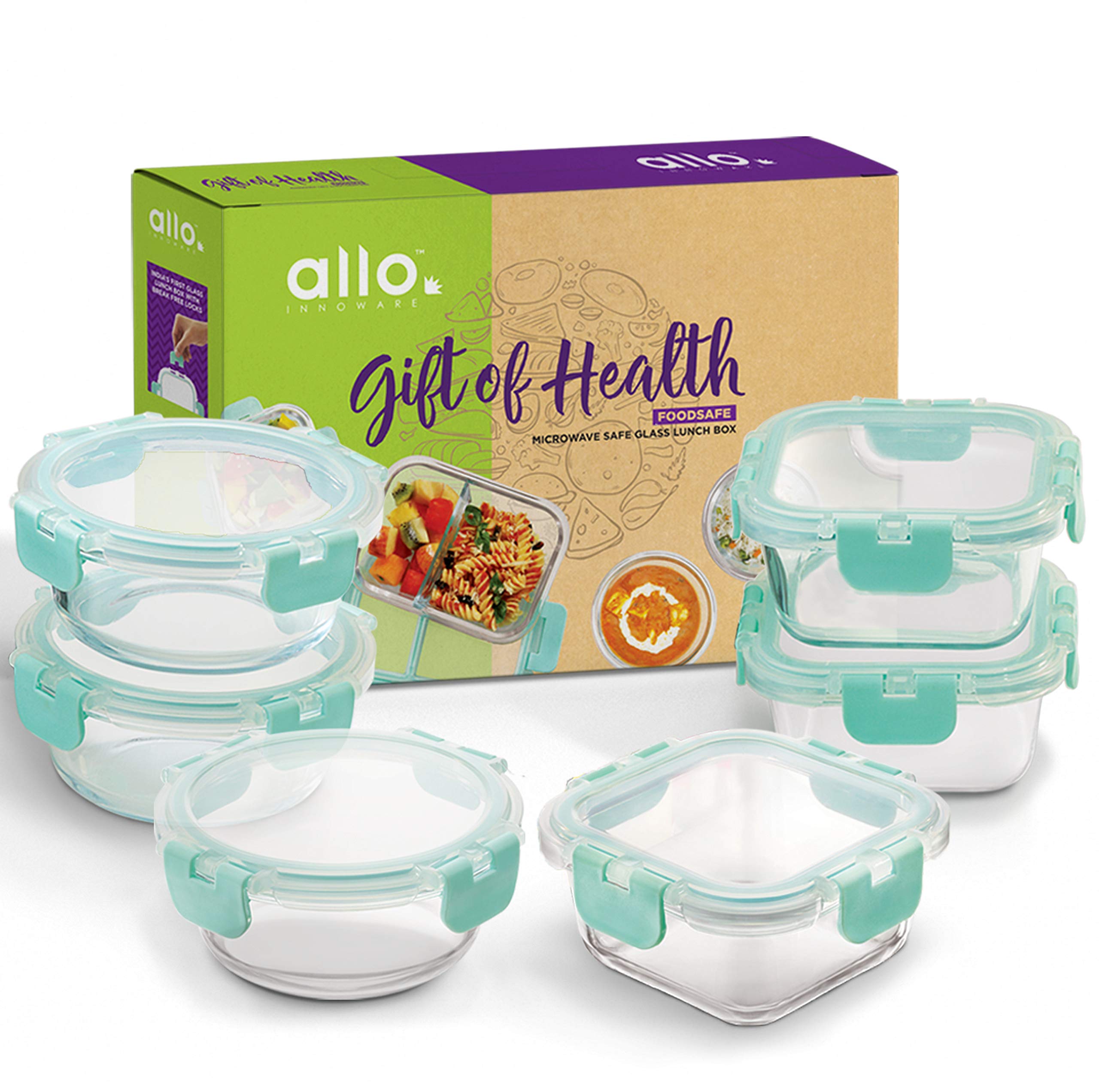Allo Foodsafe Gift Box Combo 6 Pc (Set Of 3 Square 310Ml, Set Of 3 Round 390Ml) | Microwave 450C Oven Safe Bakeware Glass Contai