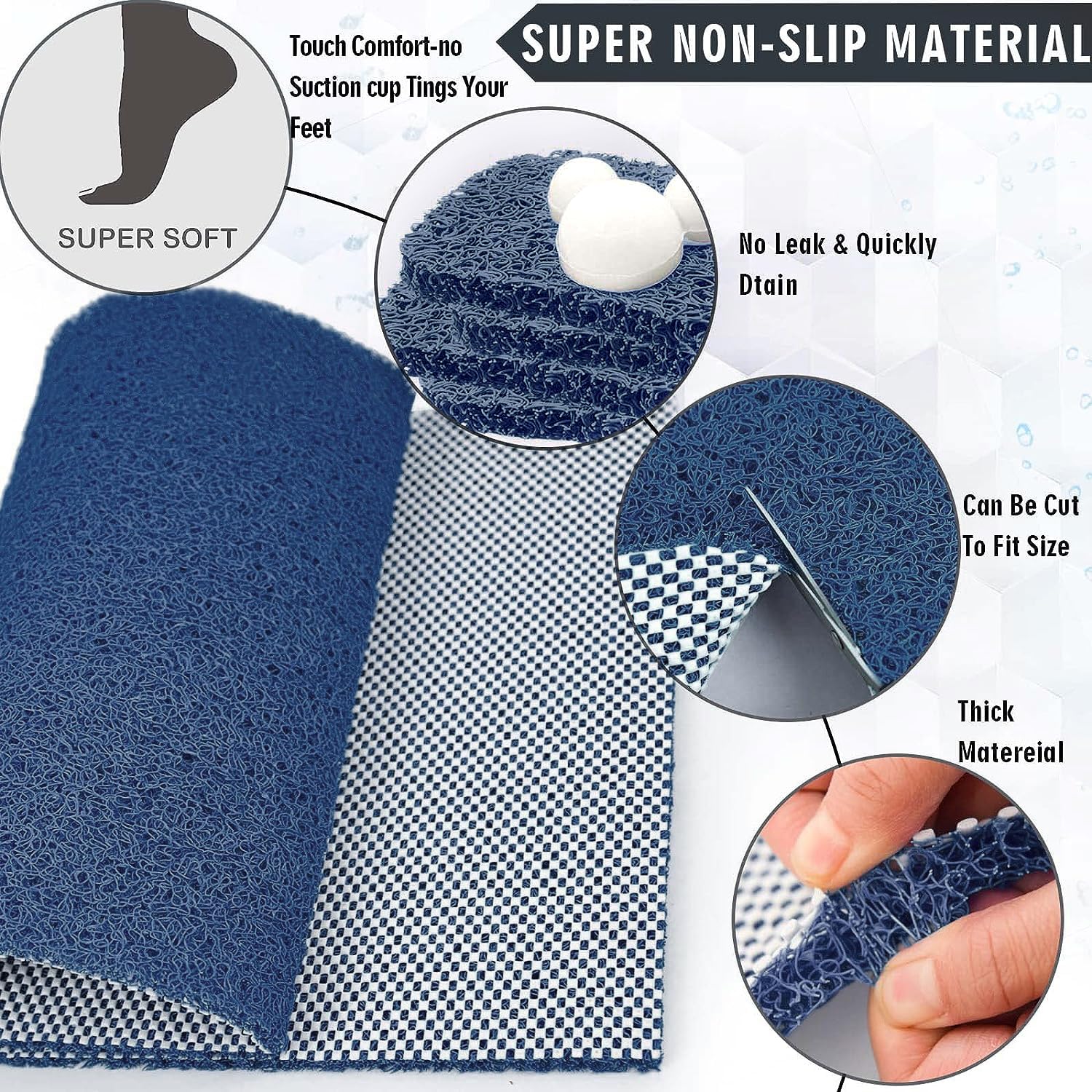 Extra Large Shower Mats Non Slip  23.6?47.2 Inch  Bath Mat for Shower  Loofah Mats for Shower and Bathroom  Quick Drying  Navy Blue