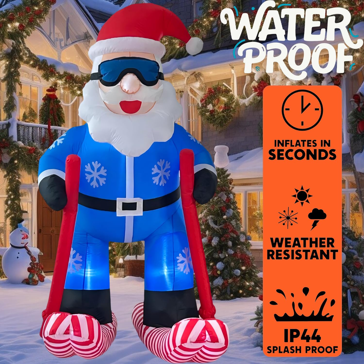 8FT Christmas Inflatable Skiing Santa Claus Decor, Blow Up Weatherproof Xmas Decorations for Yard, Built-in LED Light for Garder