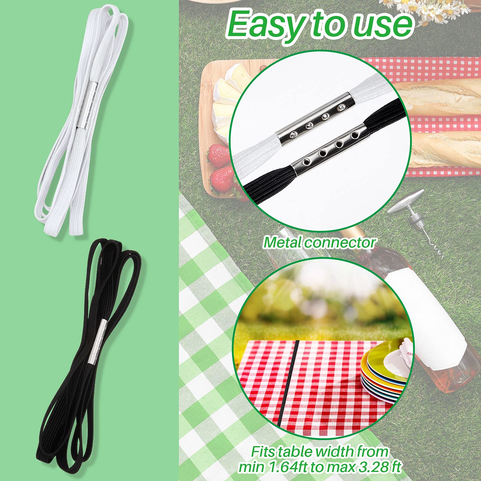 Riakrum Table Bungees Tablecloth Strap Band Tablecloth Bungee Cord to Hold Down Table Cloth for Outdoor Tables Kitchen Tables Picnic Camping Wedding Party(White  Black 4 Pieces)