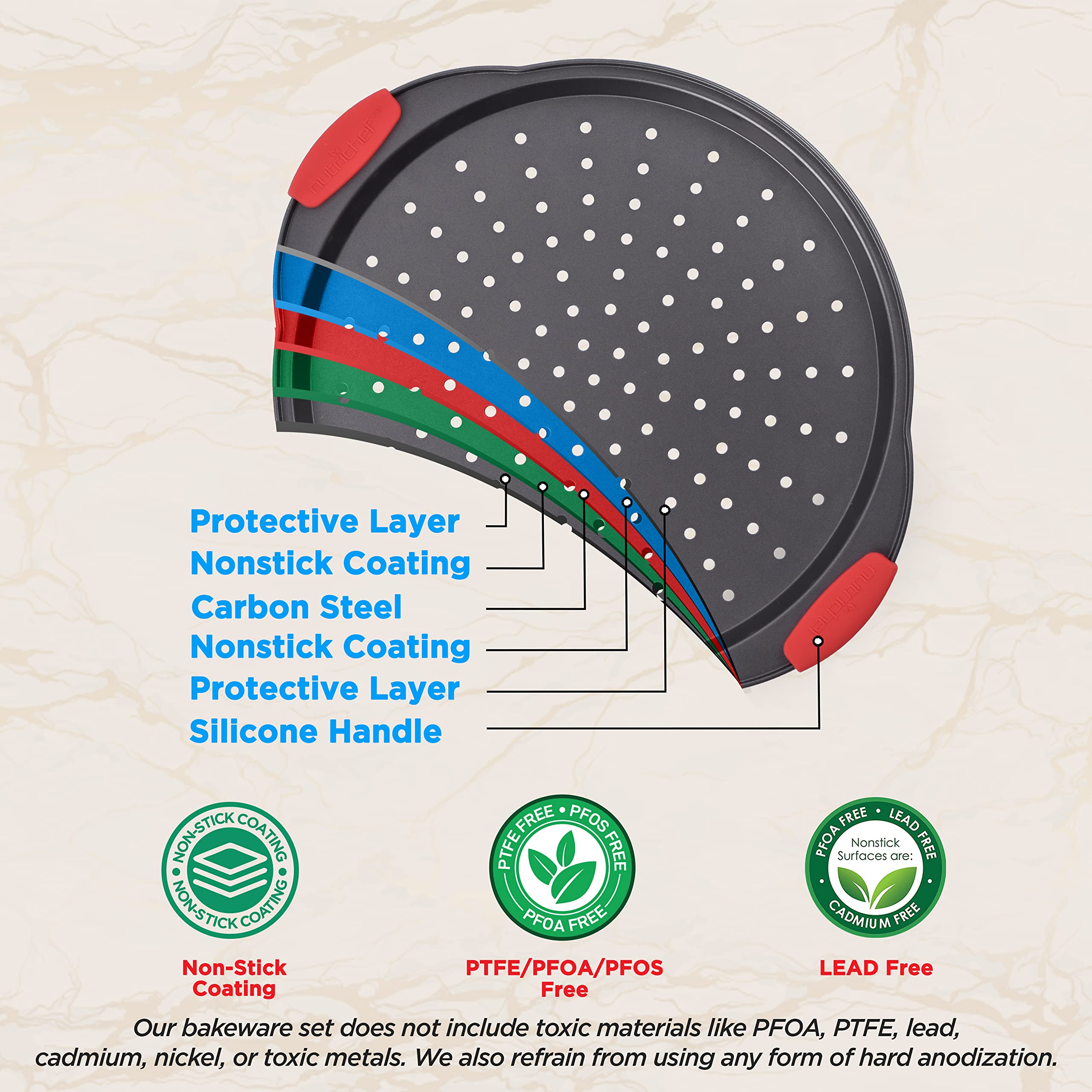 Nutrichef 2-Piece 13-Inch Nonstick Pizza Tray, Round Carbon Steel Non-Stick Pizza Baking Pan With Perforated Holes, Premium Bake