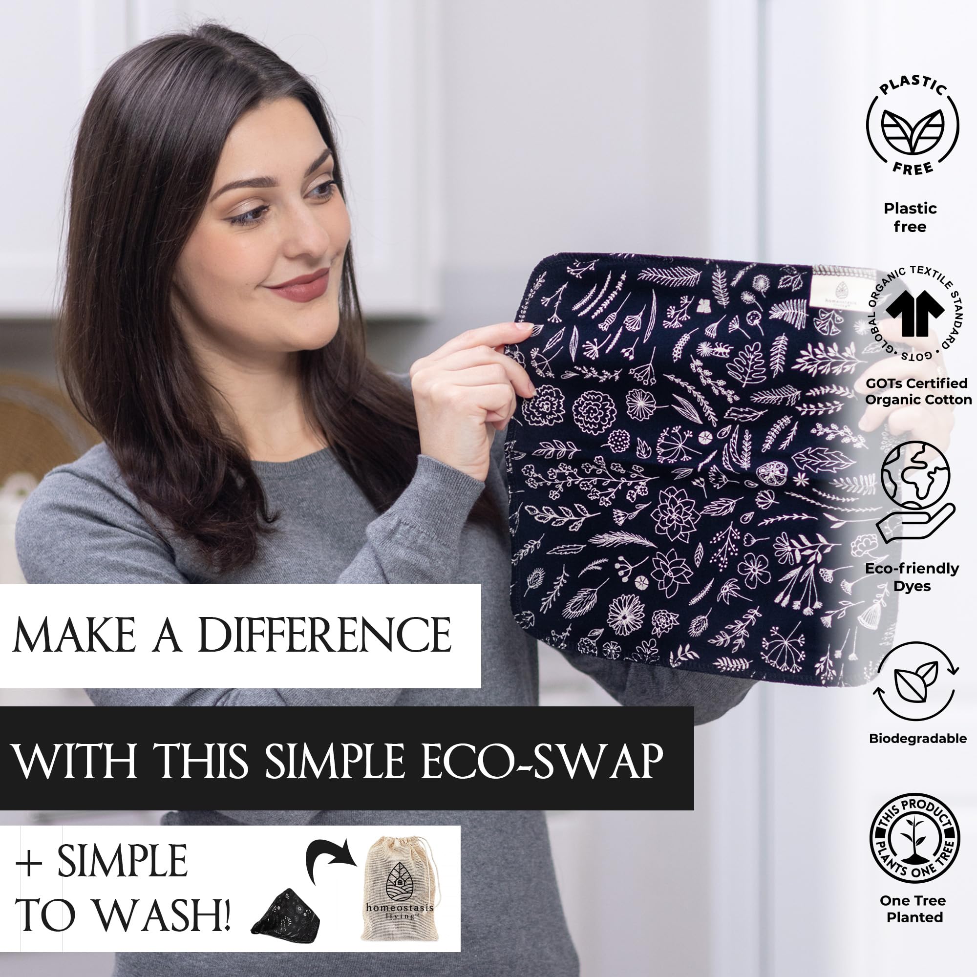 Homeostasis Living Reusable Paper Towels With Wash Bag | Charcoal Black 12 X Washable Eco Friendly Paperless Paper Towels Napkin