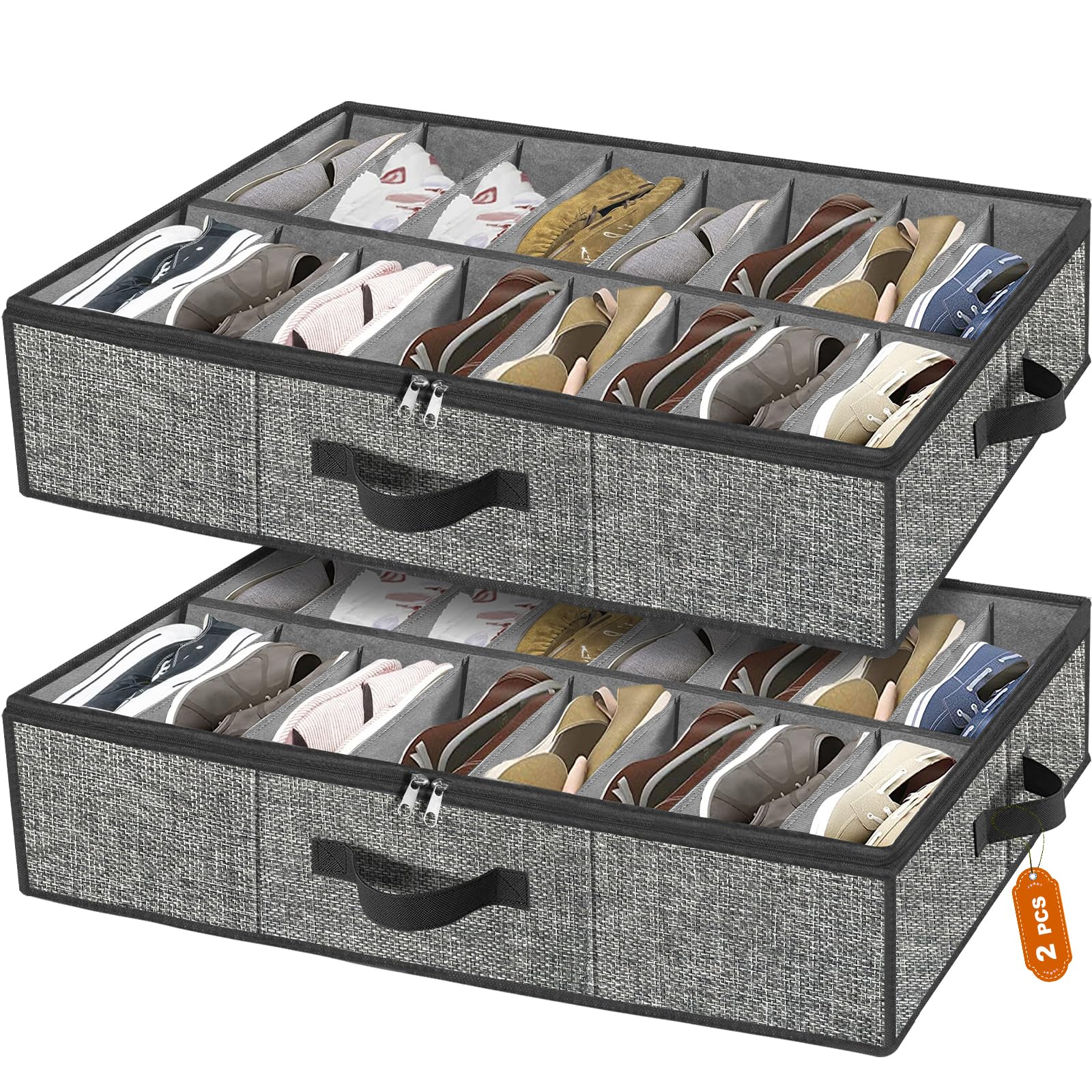 Under the Bed Shoe Storage Organizer for Closet, Extra Large Underbed Shoe Container, 2 Pack Fits 32 Pairs