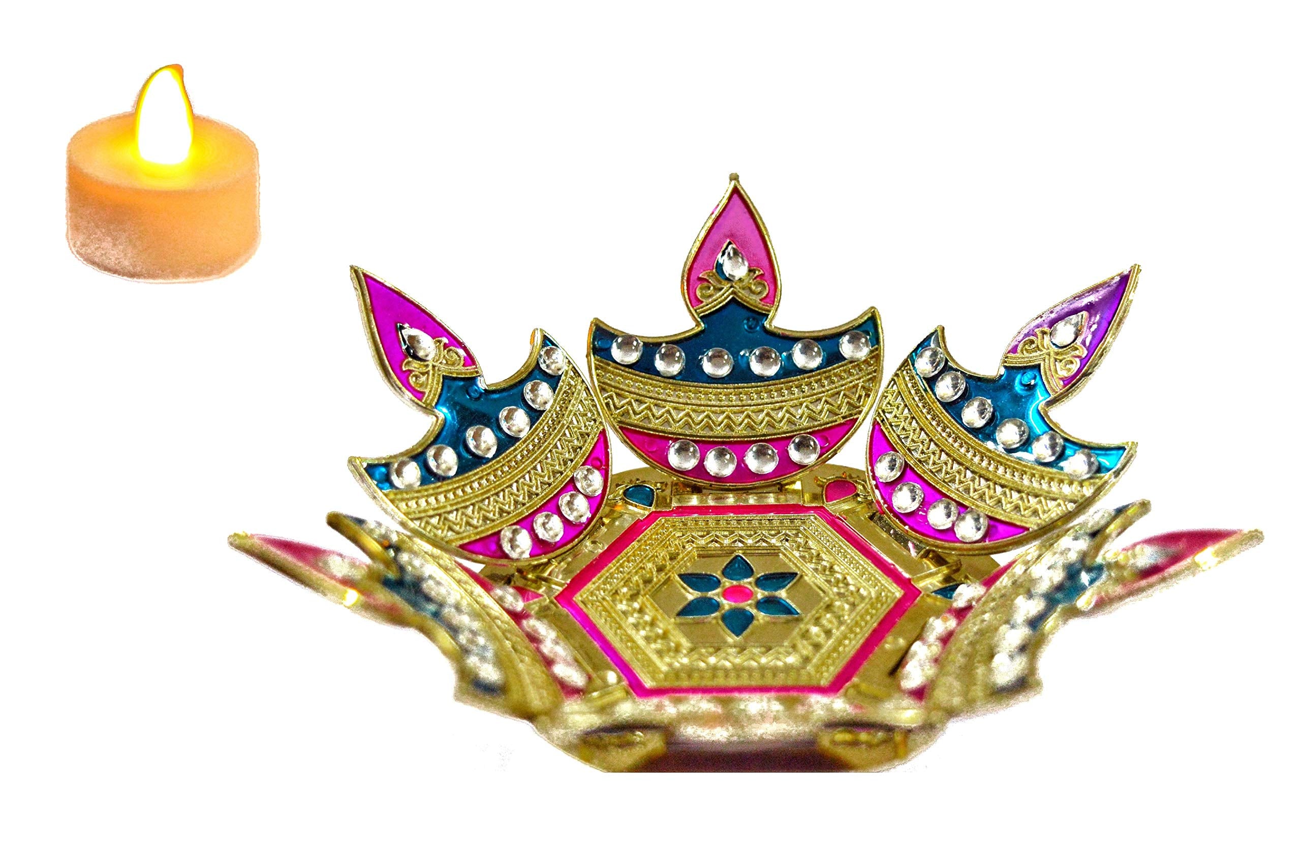 Handicraft Storeroom Meenari Decorative Diwali Diya Rangoli Set-White Kundan Stone Decorations.(7 Pieces Rangoli)