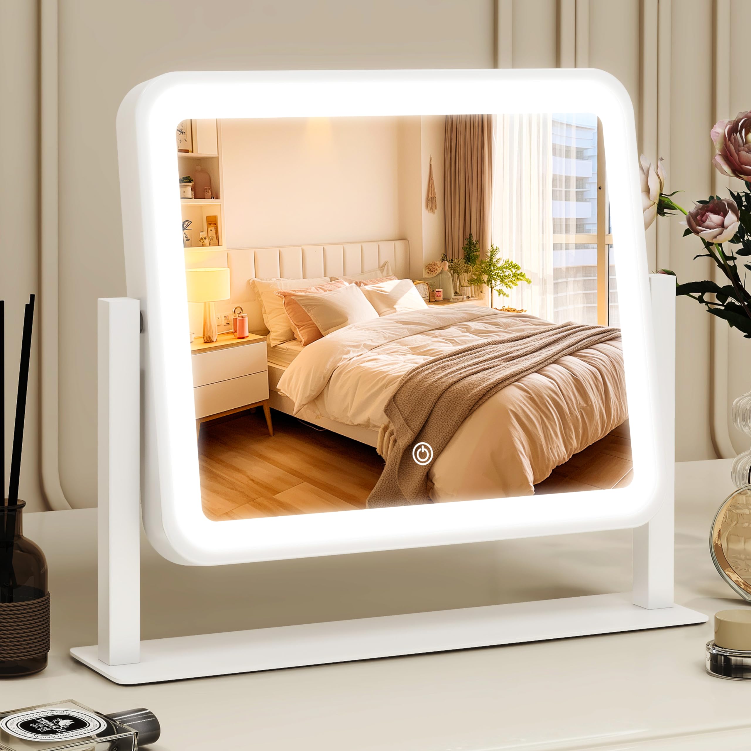 Rolove Vanity Mirror With Lights, 14''  12'' Led Makeup Mirror, Lighted Makeup Mirror With Lights, Smart Touch Control 3 Colors