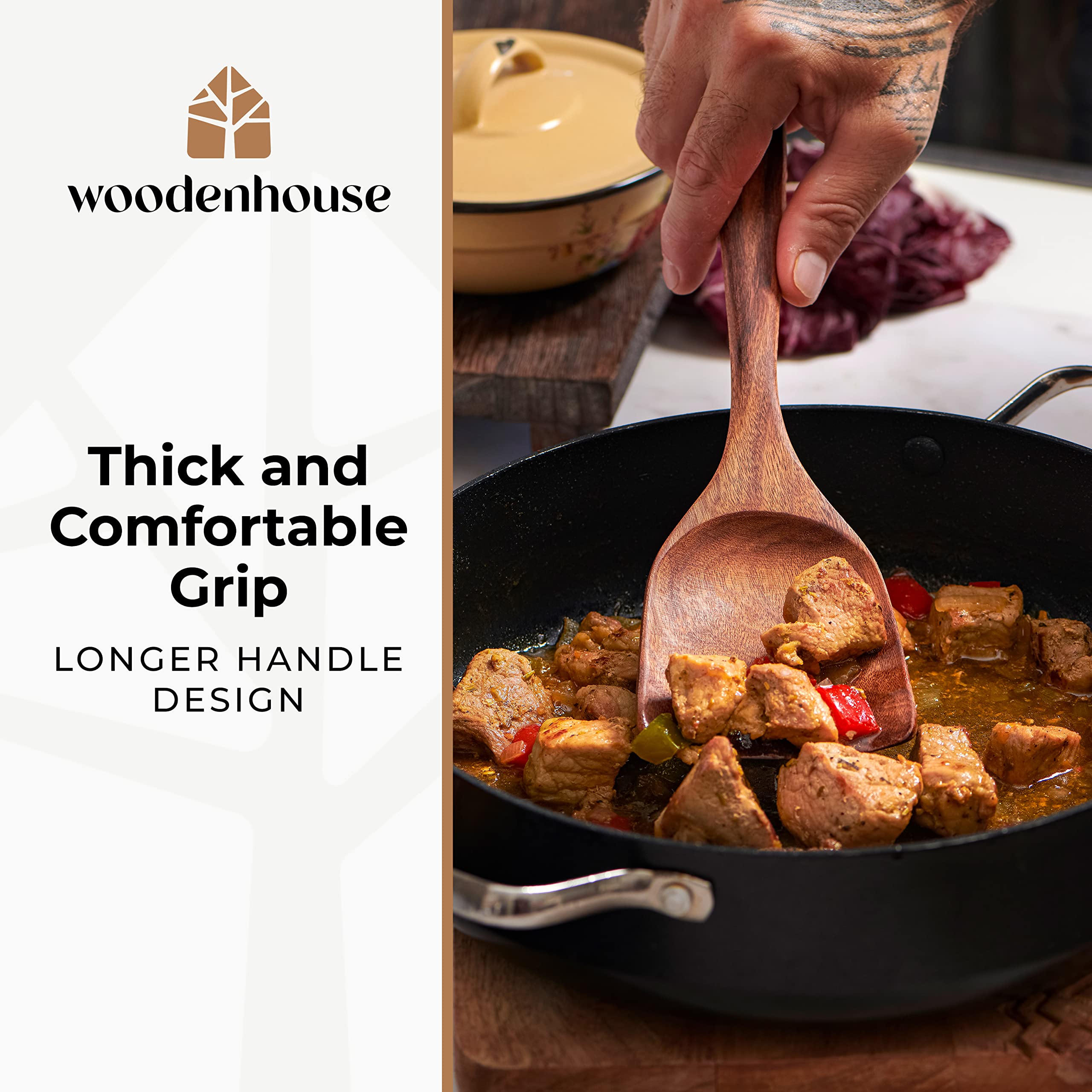 Wooden Spoons For Cooking - Wooden Cooking Utensils Set With Holder, Spoon Rest & Hooks, Teak Wood Nonstick Kitchen Cookware - D