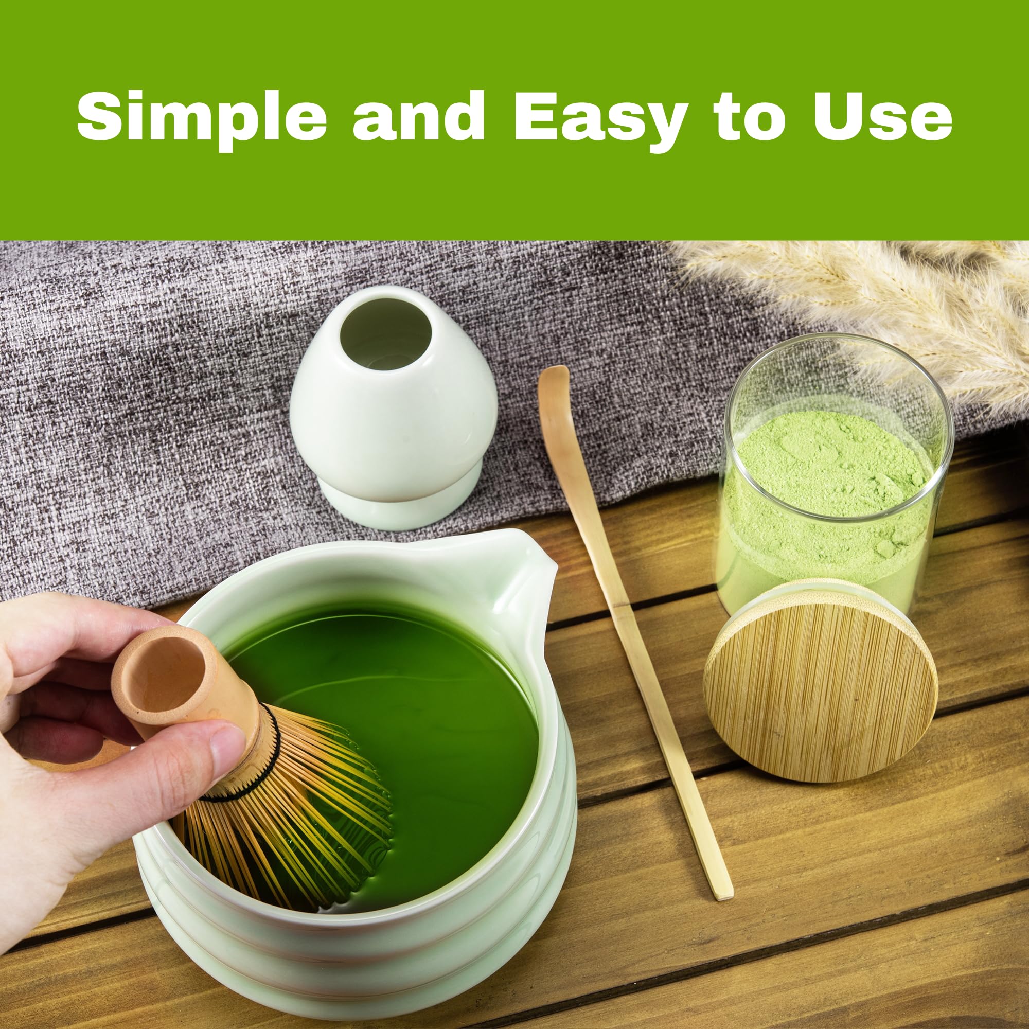 Marce Matcha Whisk Set - Bamboo Matcha Whisk and Bowl with Spout, Sifter, Holder, Scoop - Green, Standard Size