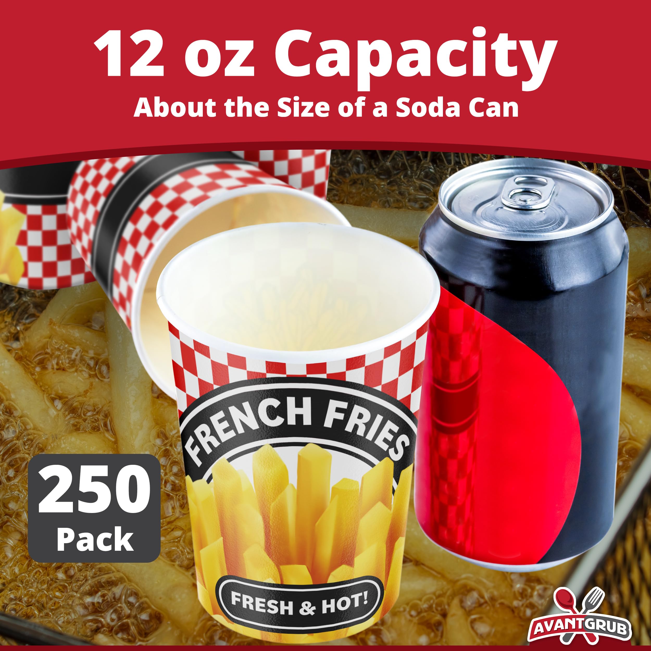 Durable Grease-Proof Paper French Fries Cups 250 Pk. Handheld Size Sturdy Red Checkered Fry Containers Hold 12Oz Of Food! Great