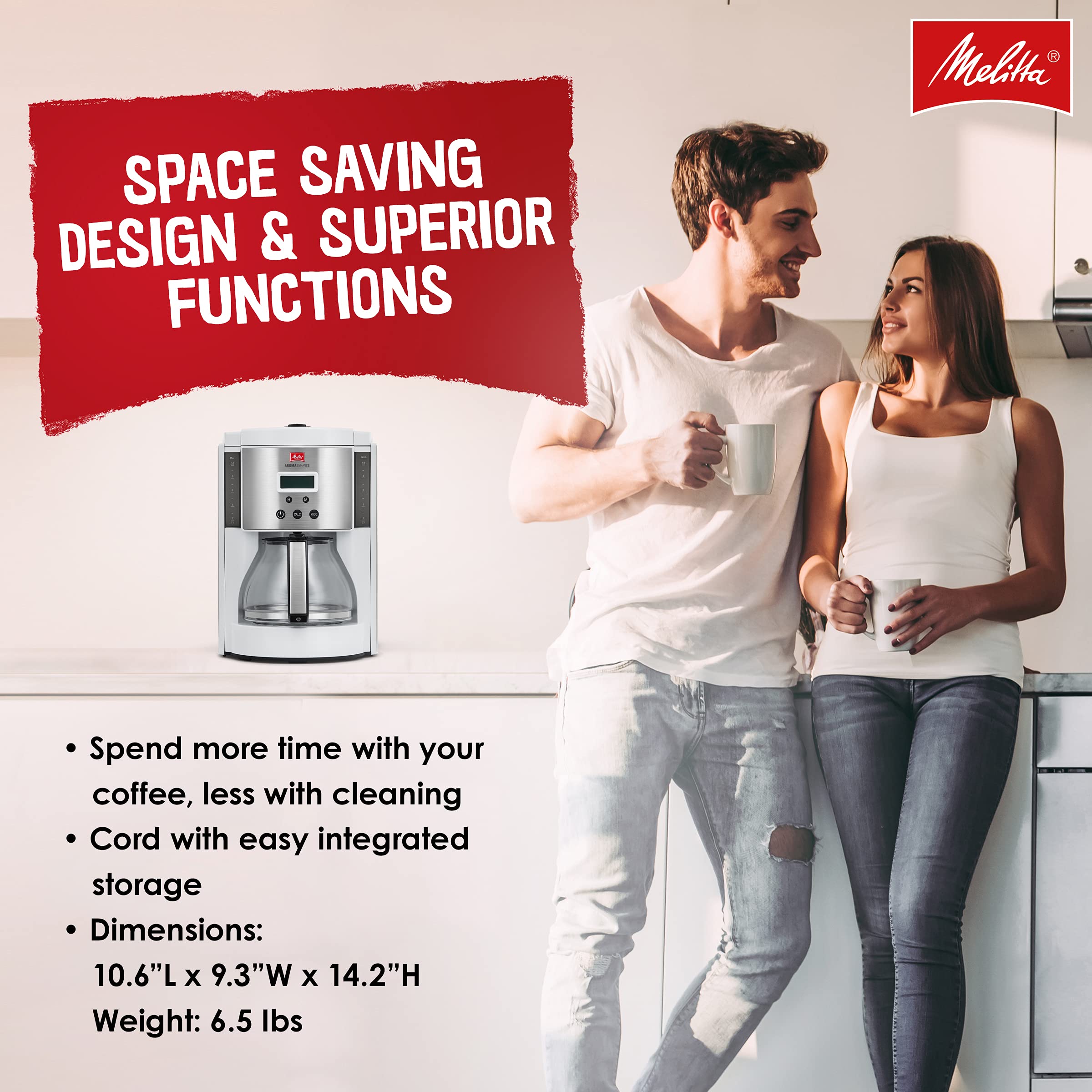 Melitta Aroma Enhance Drip Coffee Maker, With Glass Carafe, 10 Cups Capacity, White