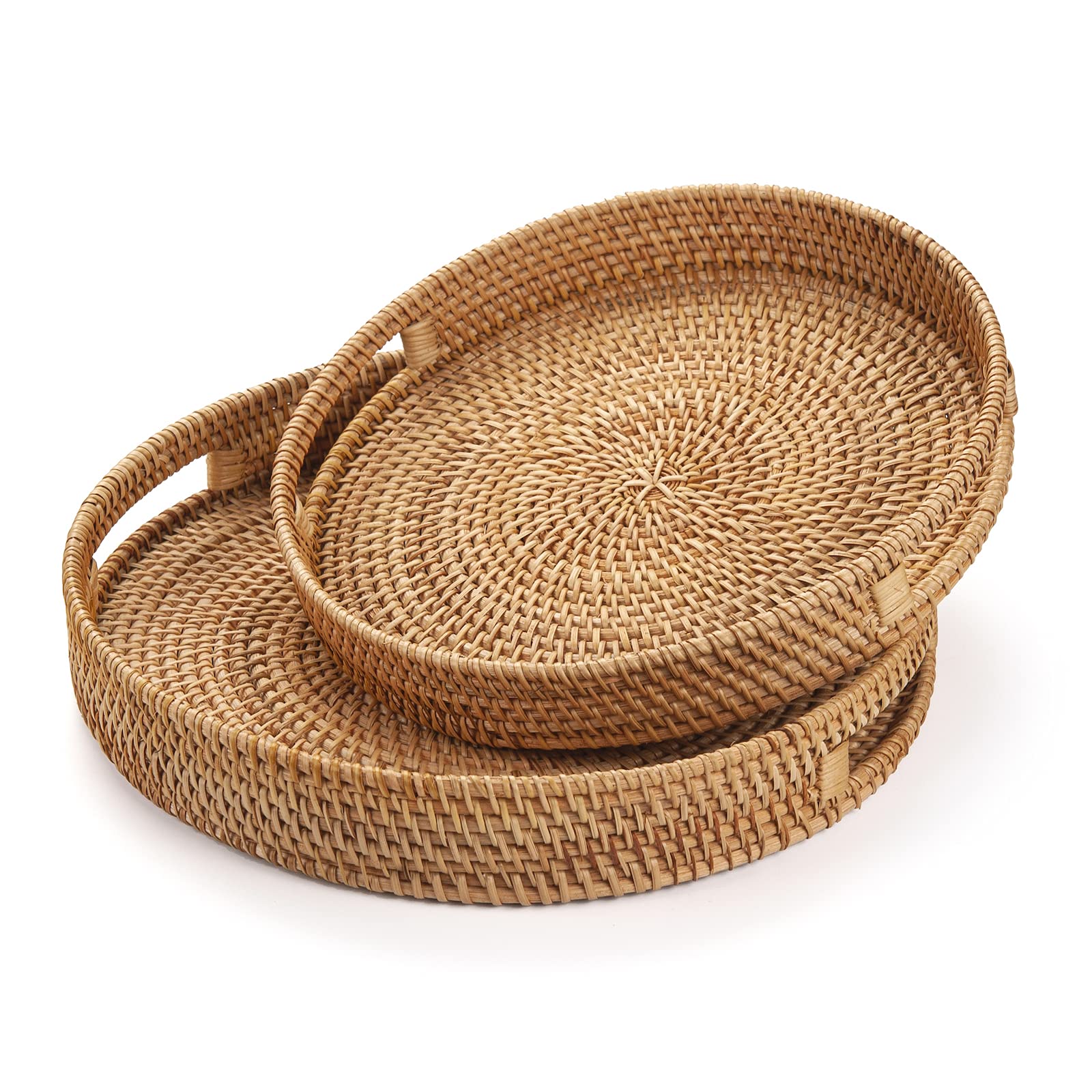 Rattan Round Serving Tray, Hand Woven Serving Basket With Cut - Out Handles, Wicker Fruit/Bread Serving Basket (11.8 + 14.2 Inch