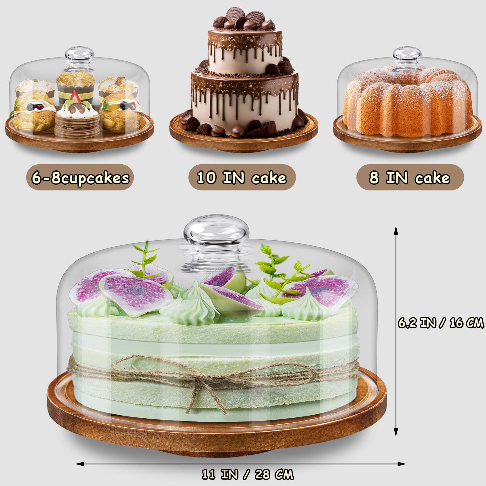 Yangbaga 11IN Wood Cake Stand with Dome Lid, Rotating Cake Stand with Glass Dome- Cake Plate with Cover for Baking Gifts/Birthda
