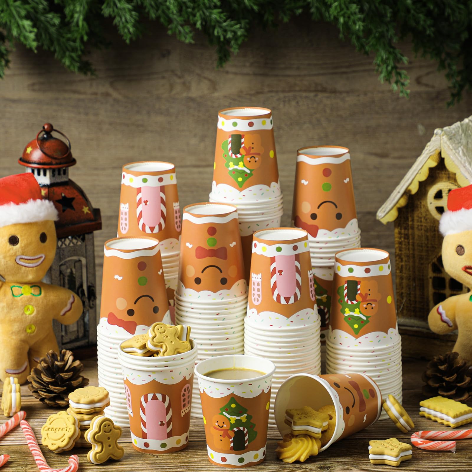 Funtery 100 Pieces Christmas Gingerbread Paper Cups Hot Chocolate Cups Xmas Disposable Coffee Cup Gingerbread Man Christmas Tree