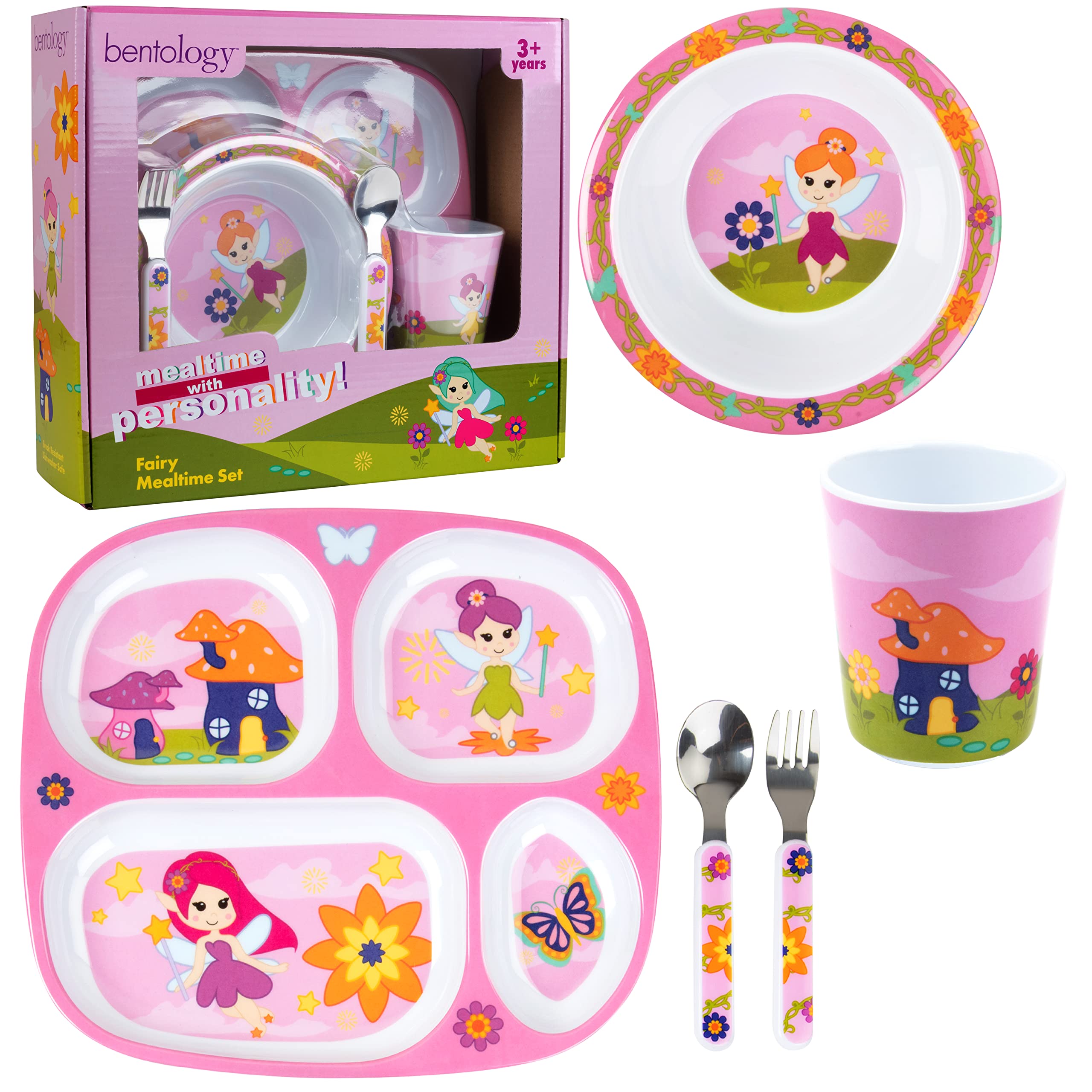 Bentology 5-Piece Construction Theme Mealtime Set - Includes Plate, Bowl, Utensils, and Glass - Dishwasher Safe, BPA Free, Cute