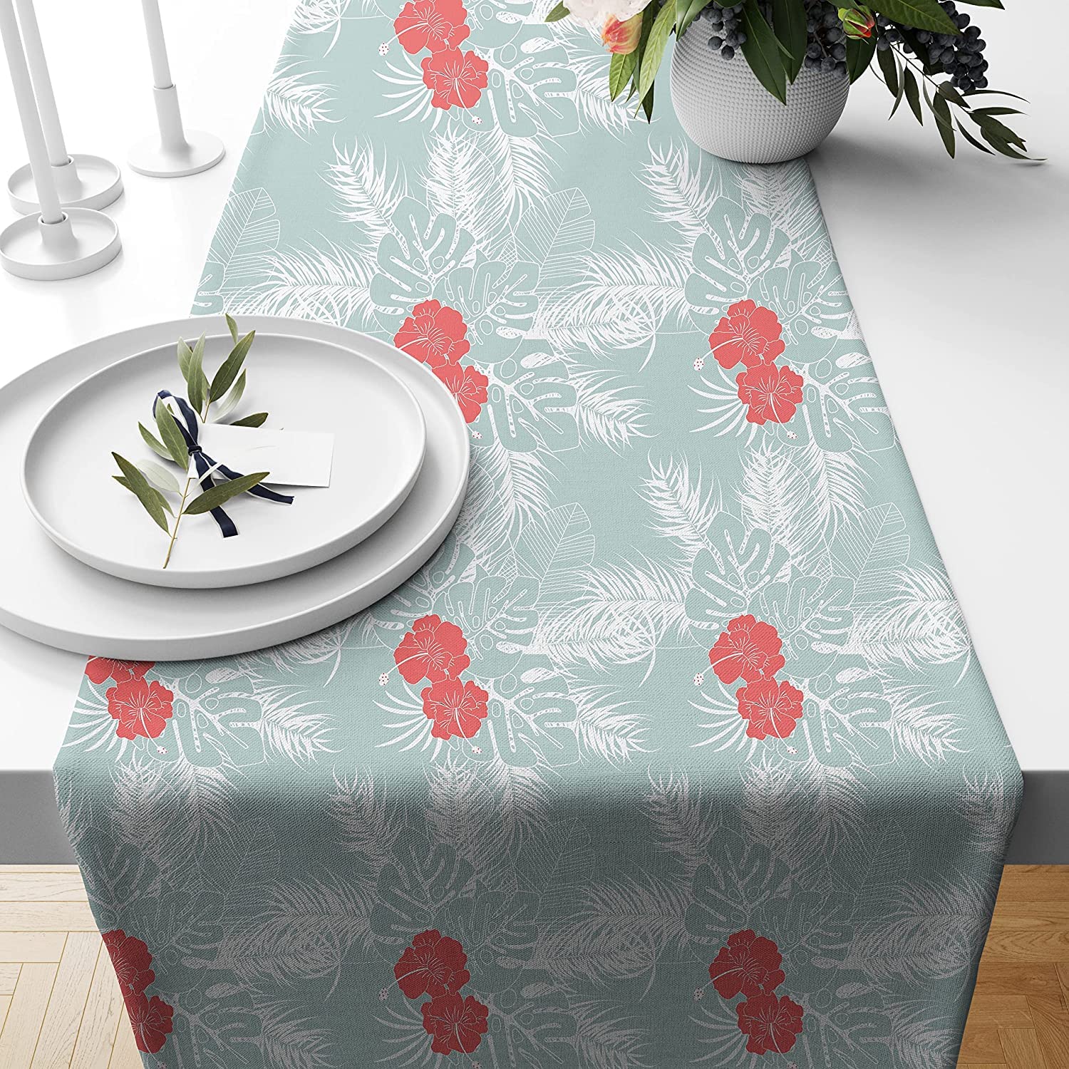 Amazon Brand  Umi Red Floral Printed Poly Cotton 6 Seater Table Runner & Bed Ruuner (13 x 72 Inches)