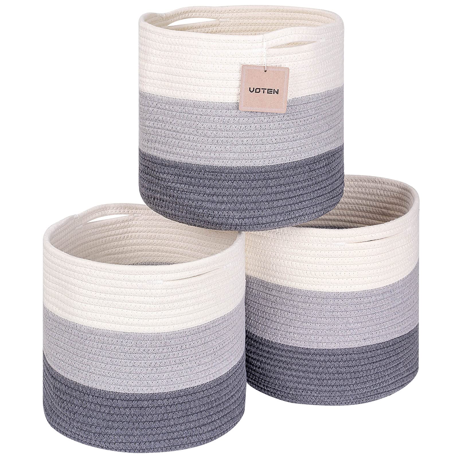 voten Woven Cotton Rope Round 11x11x11 Storage Cubes Baskets Bins Organizer, 3-Tone Gray, 3-Pack