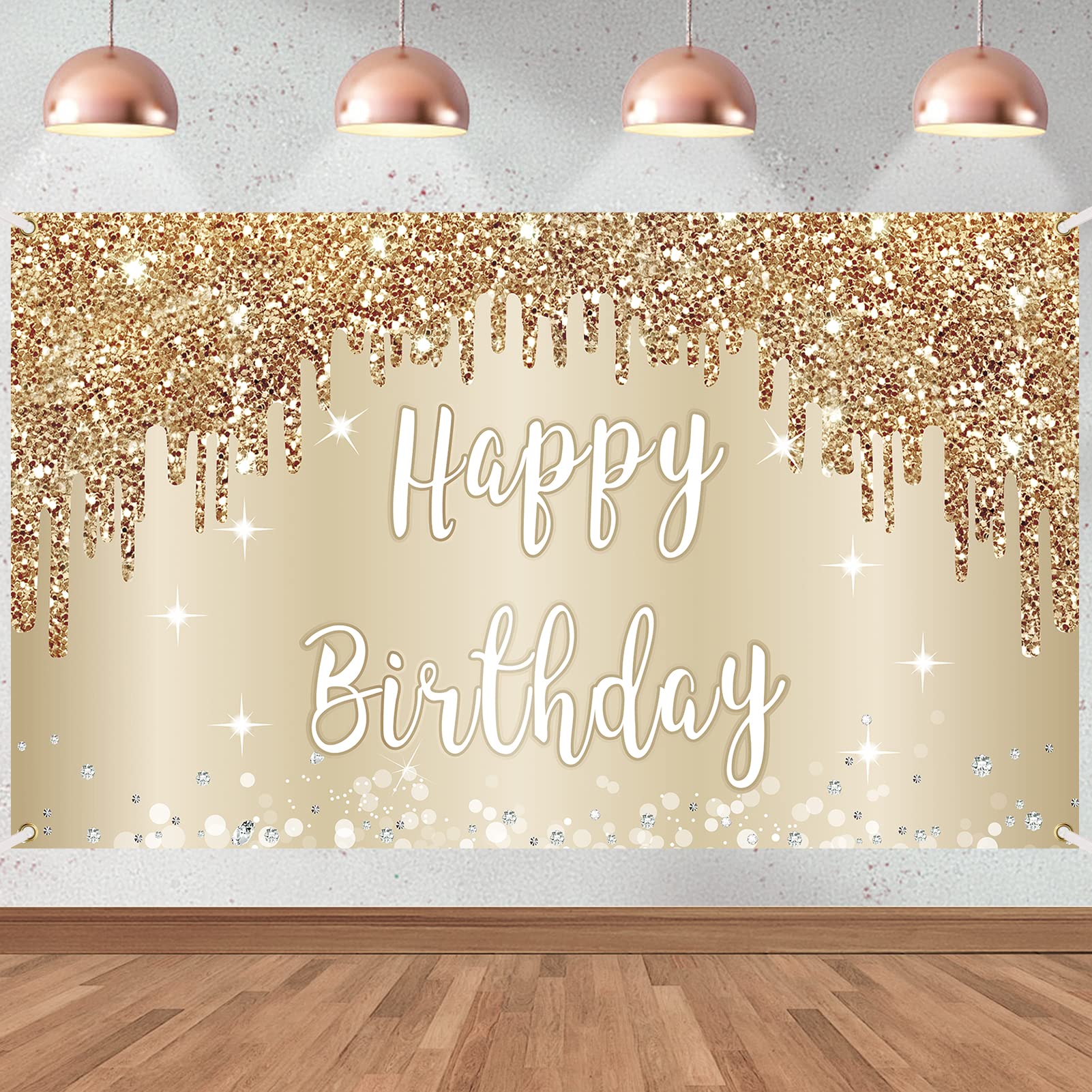 Gold White Happy Birthday Banner Decorations For Women Girls, Gold Glitter Happy Birthday Backdrop Party Supplies, 16Th 18Th 21S