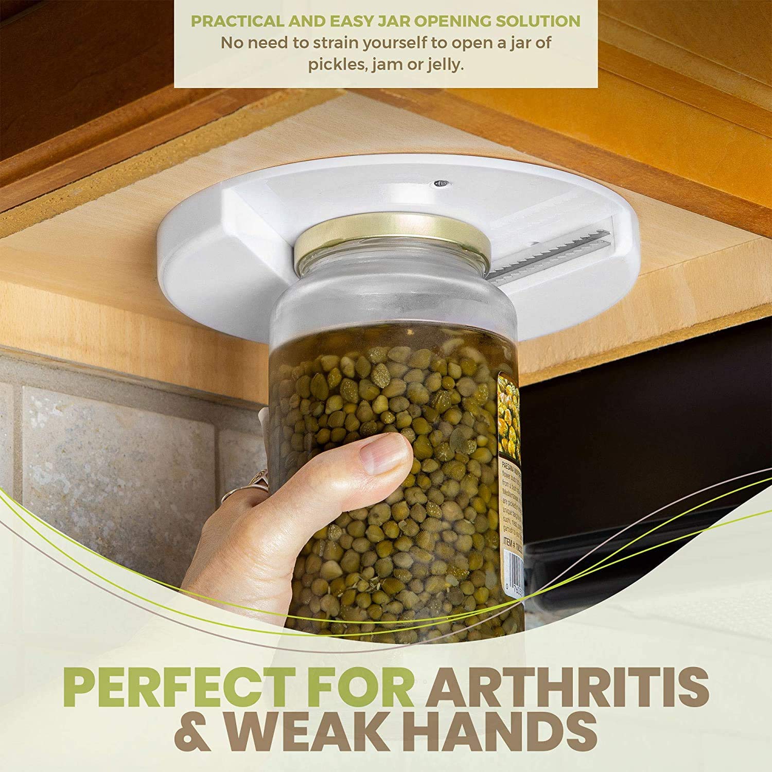 MEDca Under Cabinet Jar Opener - Multi-Sized Lid Gripper Tool, Ideal for Weak Hands, White, 1 Count