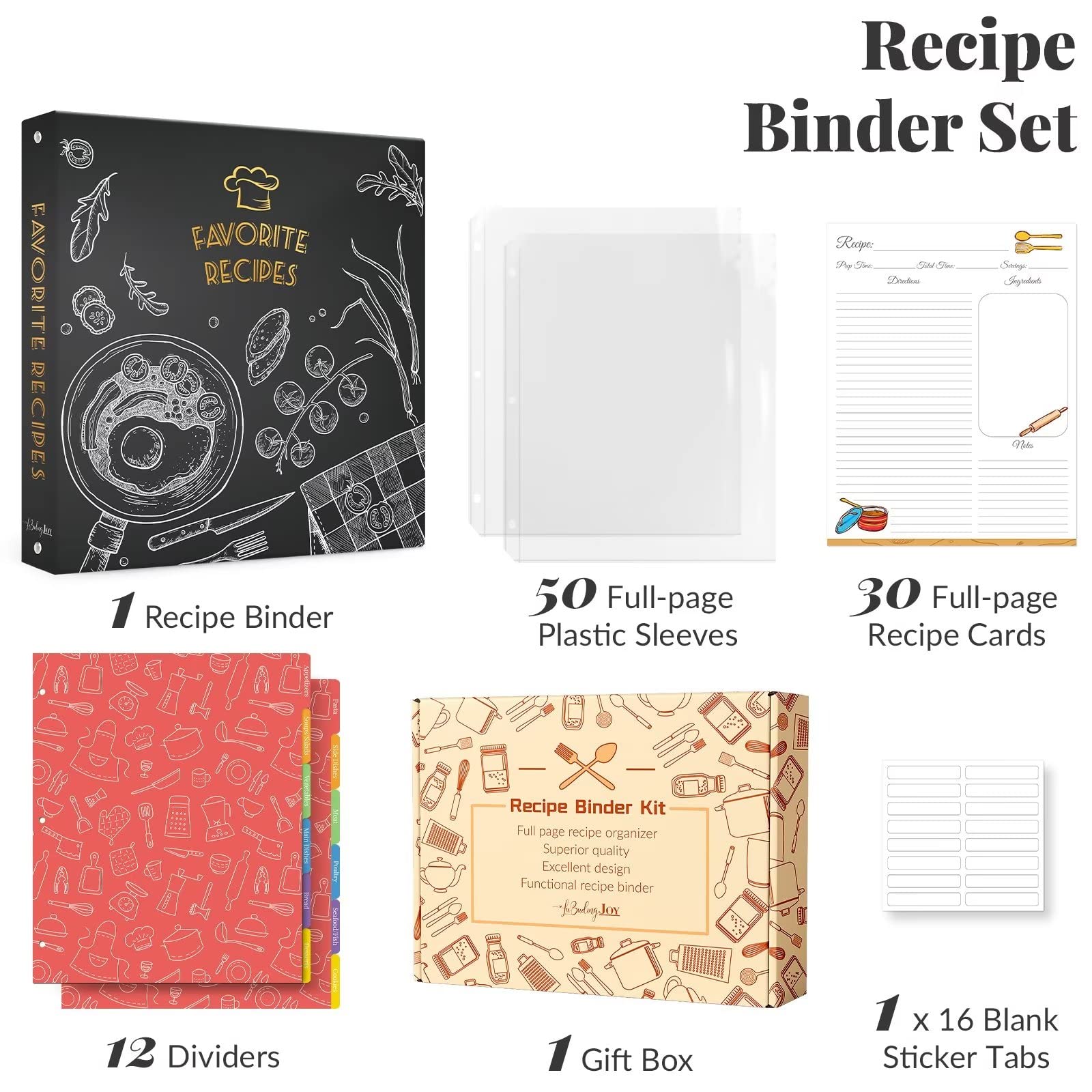 LuBudingJoy Recipe Binder, 8.5x11 Full-Page, 3 Ring, Cardboard, Blackboard Painting, Perfect for Family Recipes and Cooking Gifts