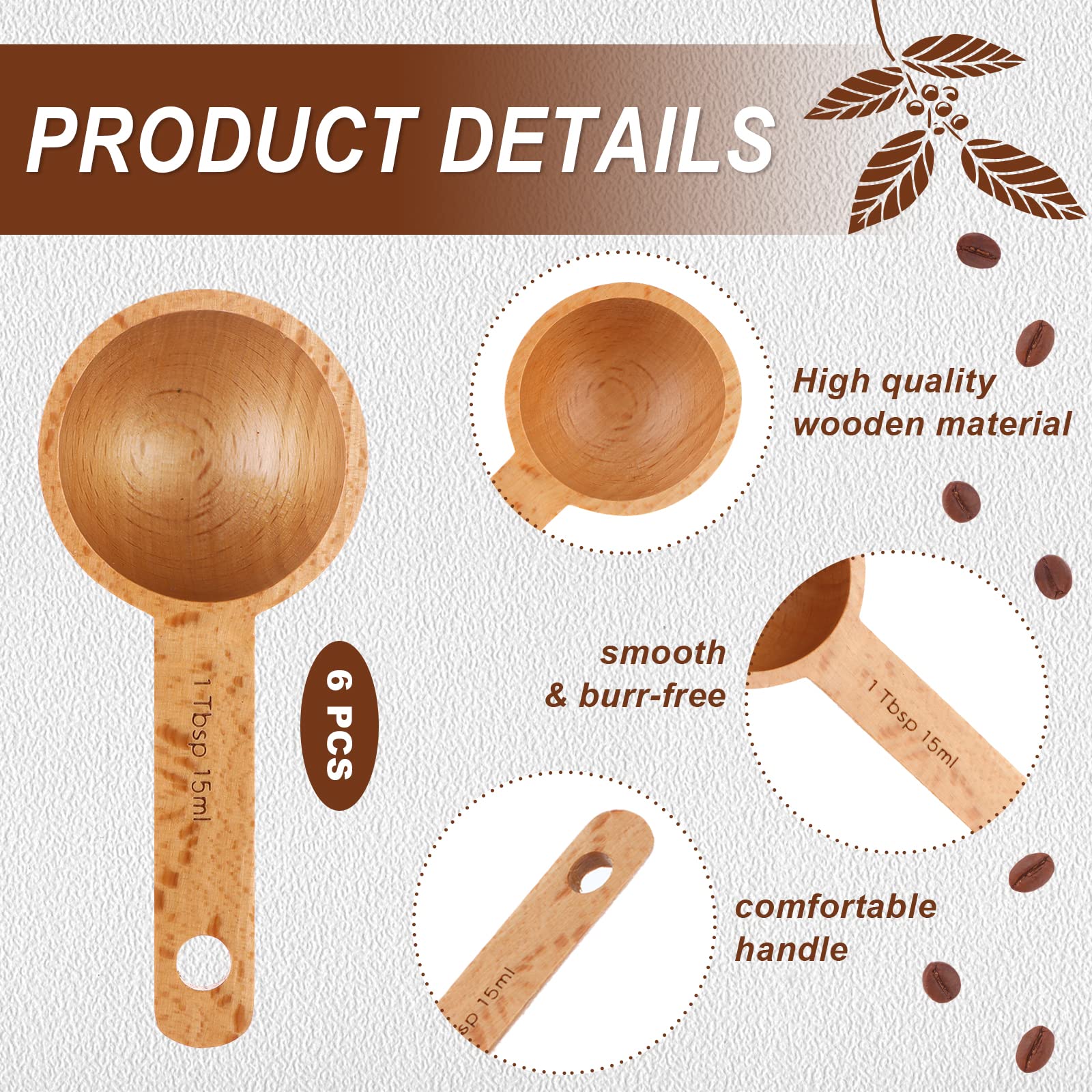 6 Pieces Wooden Coffee Spoon In Beech Measuring Scoop For Coffee Beans Wood Table Spoon For Whole Beans Ground Beans Or Tea, Hom