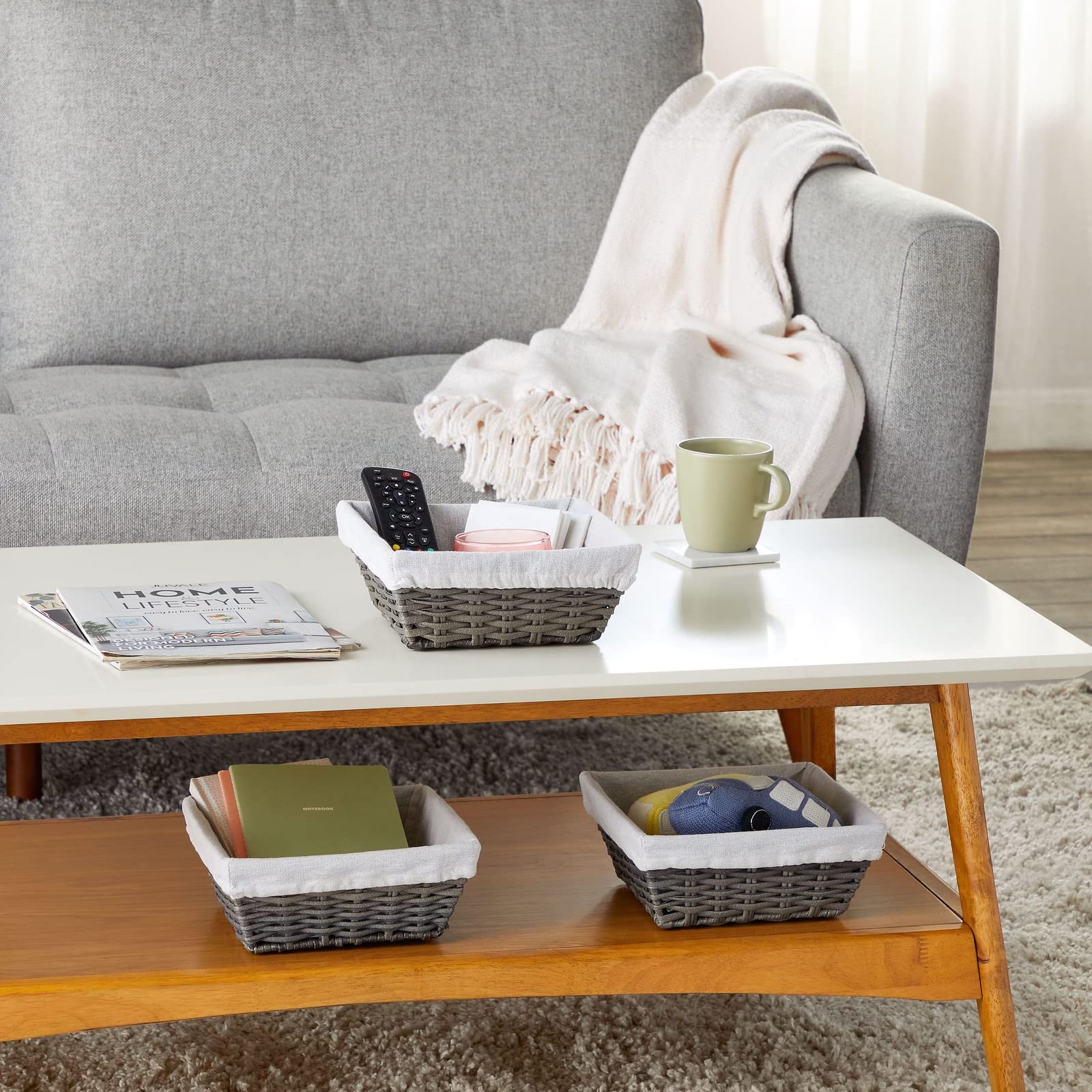 Farmlyn Creek 3-Pack 9 Inch Square Wicker Storage Baskets With Liners - Small Woven Bins For Organizing Kitchen, Closet Shelves,