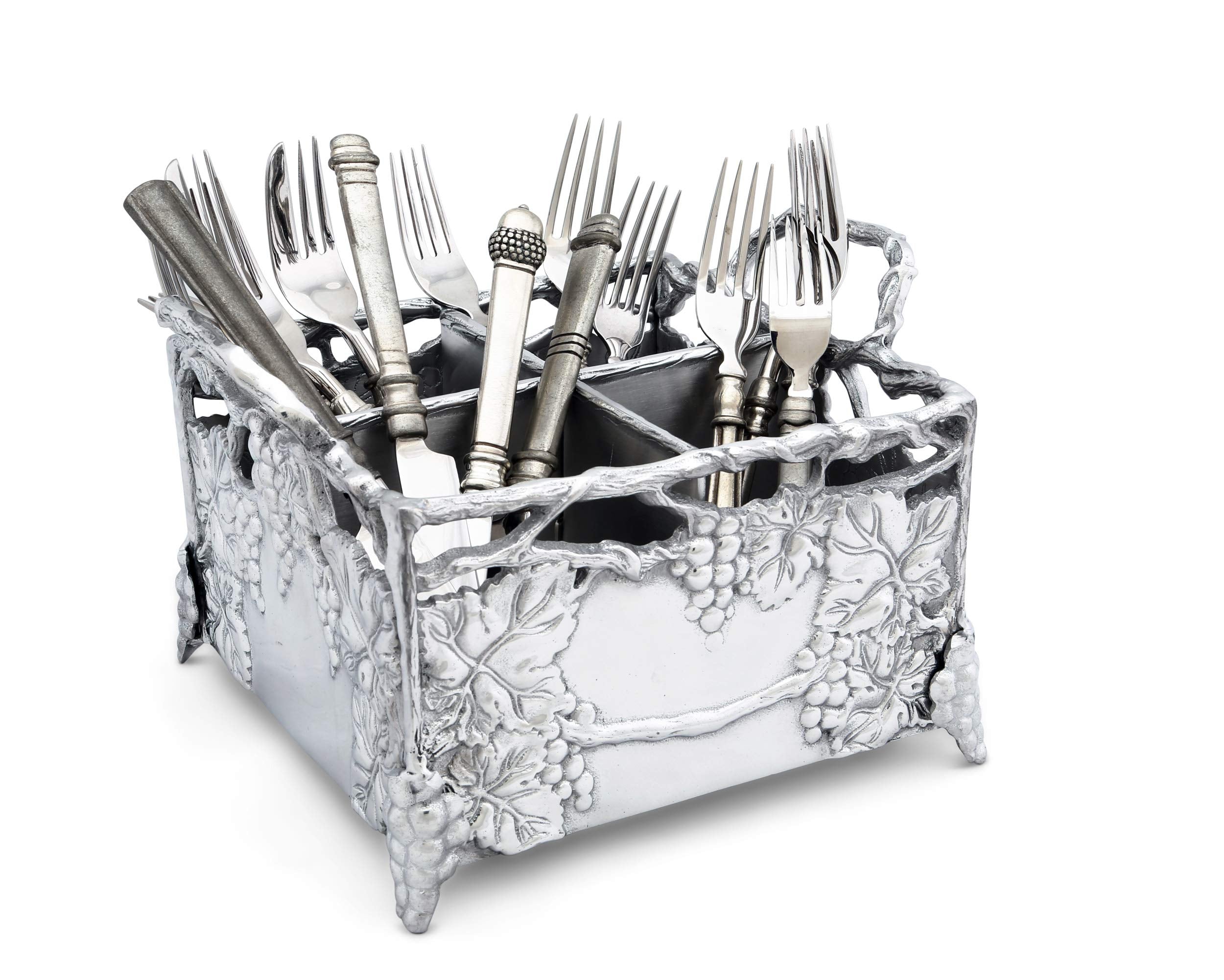 Arthur Court Designs Aluminum Metal Grapevine Flatware Silverware Caddy 8 Inch Square 7 Inch Tall