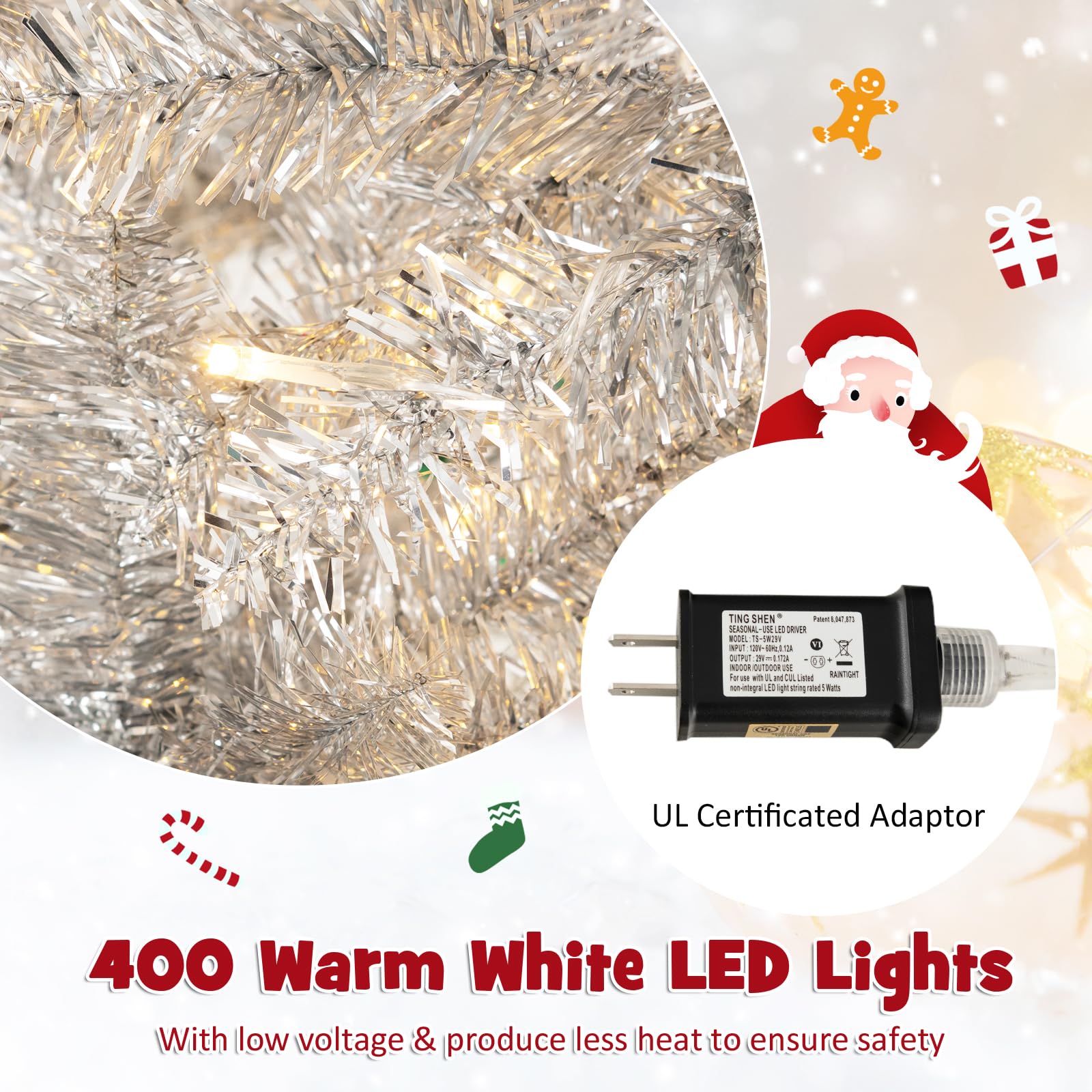 GOFLAME 7FT Pre-Lit Pencil Christmas Tree, Hinged Christmas Tree with Tinsel Leaves, 1030 Branch Tips & 400 Warm White LED Light