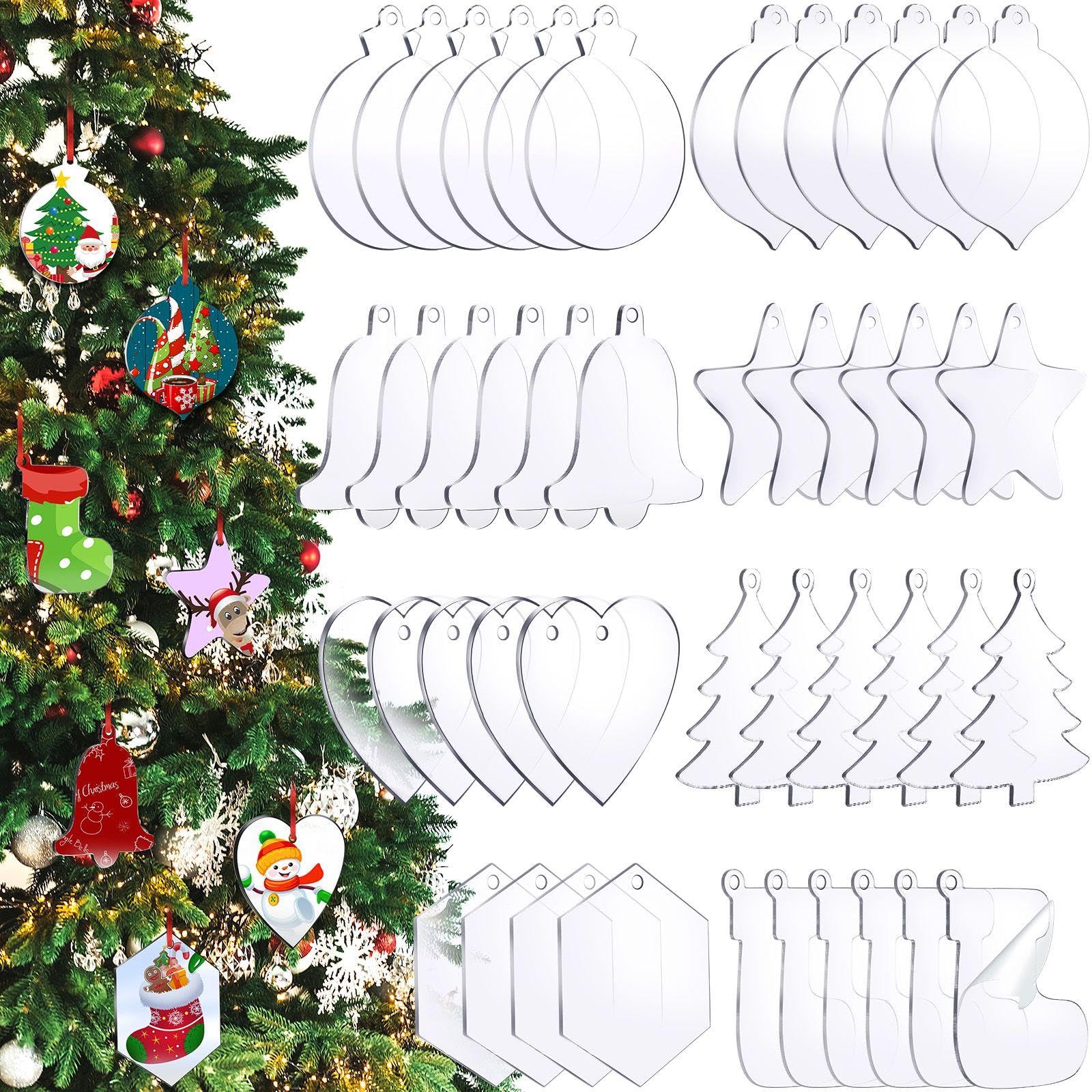 48 Pieces Acrylic Christmas Ornament Blank Christmas Tree Decorations Hanging Heart Bell Star Acrylic Xmas Decorations for Xmas 