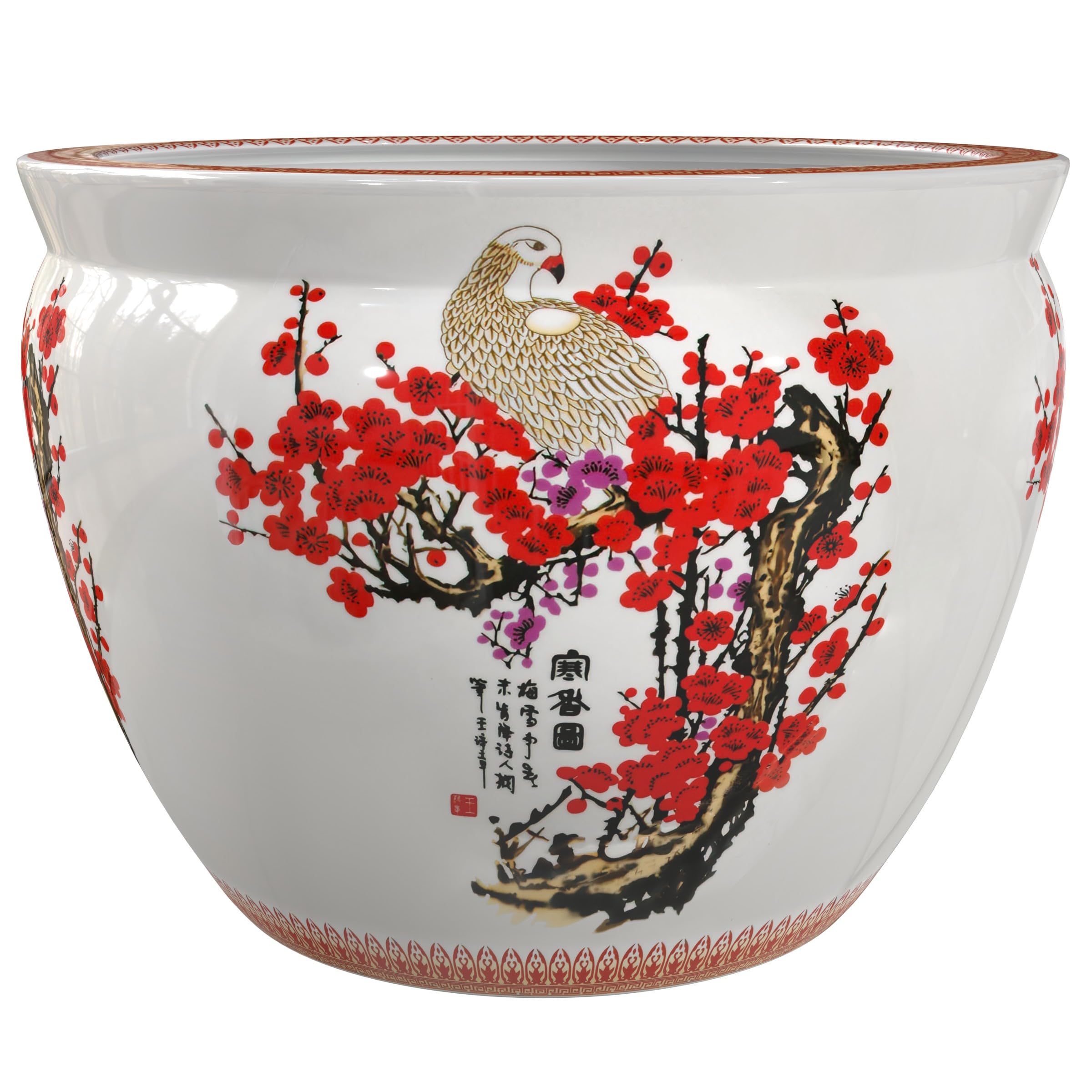 Red Lantern 16 Cherry Blossom Porcelain Fishbowl Planter