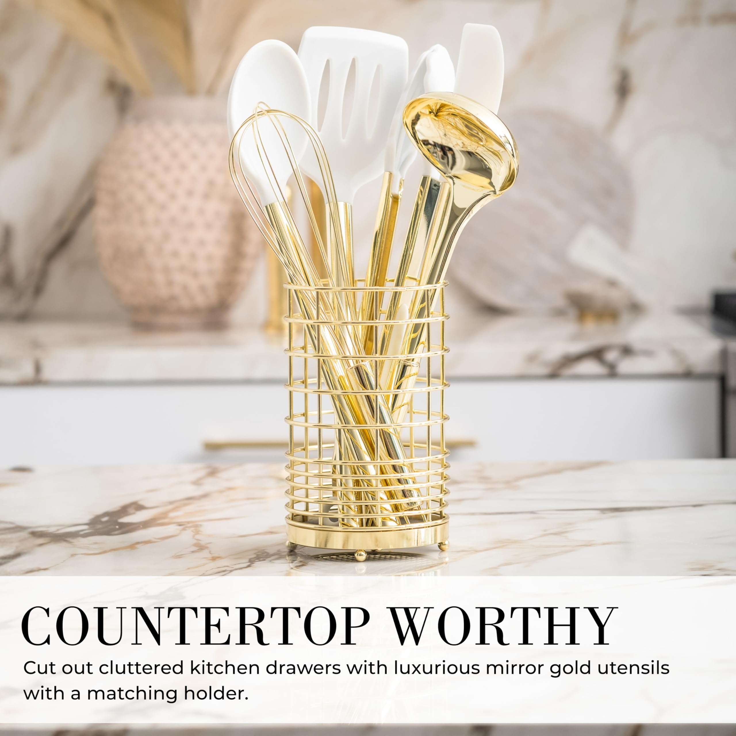 White Silicone And Gold Cooking Utensils Set With Gold Utensil Holder - 7-Piece Silicone Cooking Tools - Ideal For Nonstick Cook
